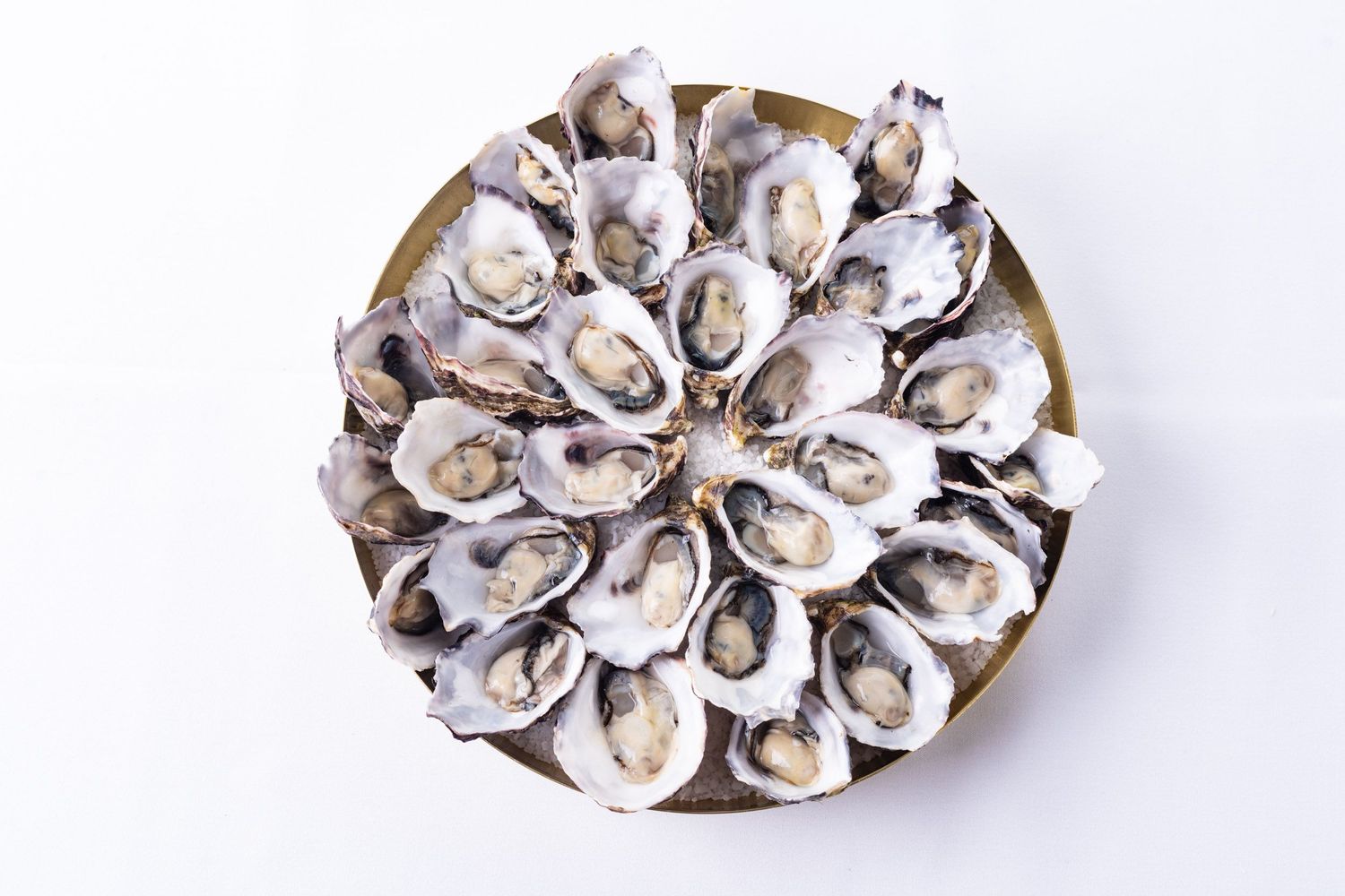 Fresh shucked oysters arranged in a circular pattern on a round gold plate.