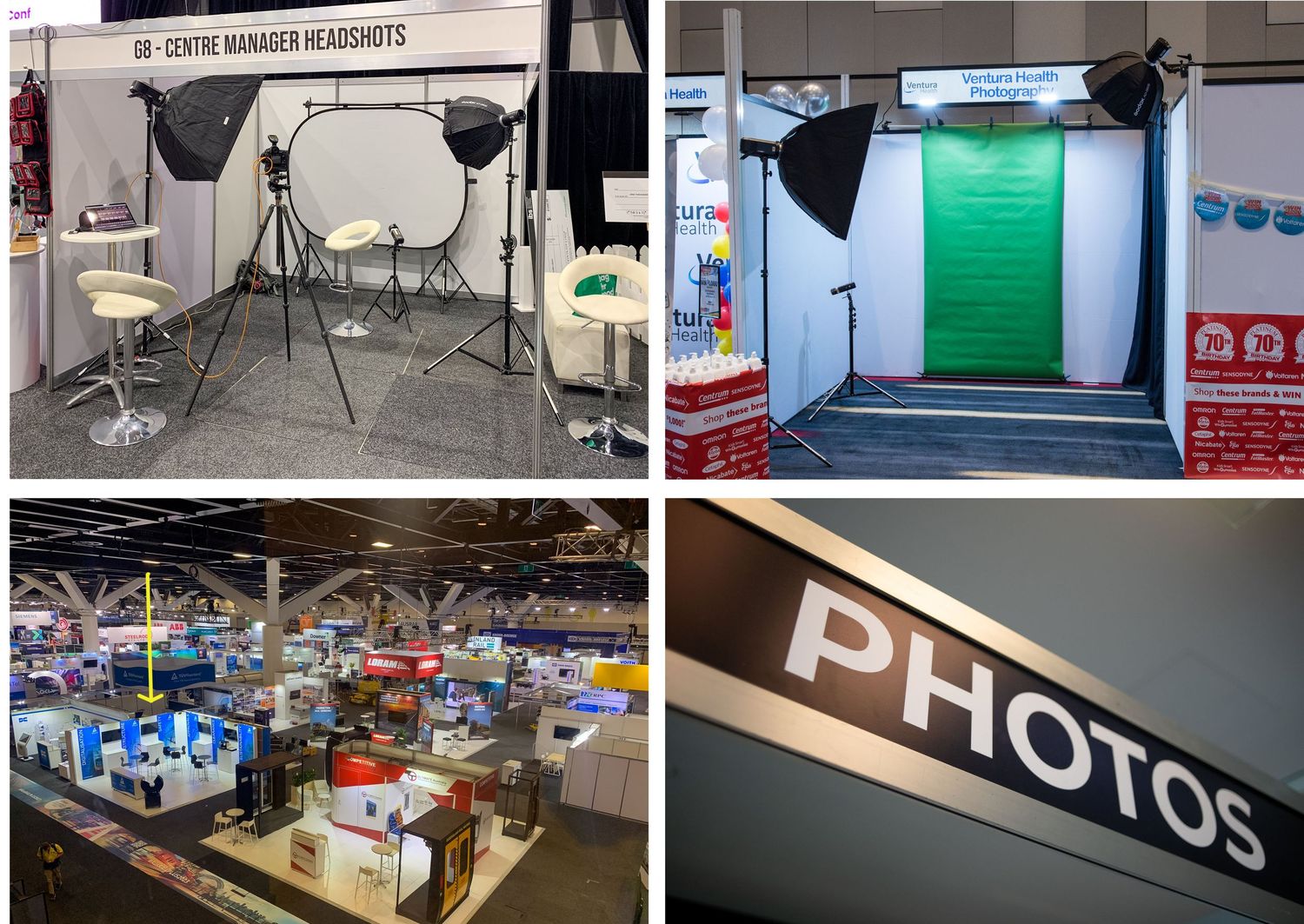 Professional photography studio setup with lighting equipment, green screen, and expo hall photo booth.