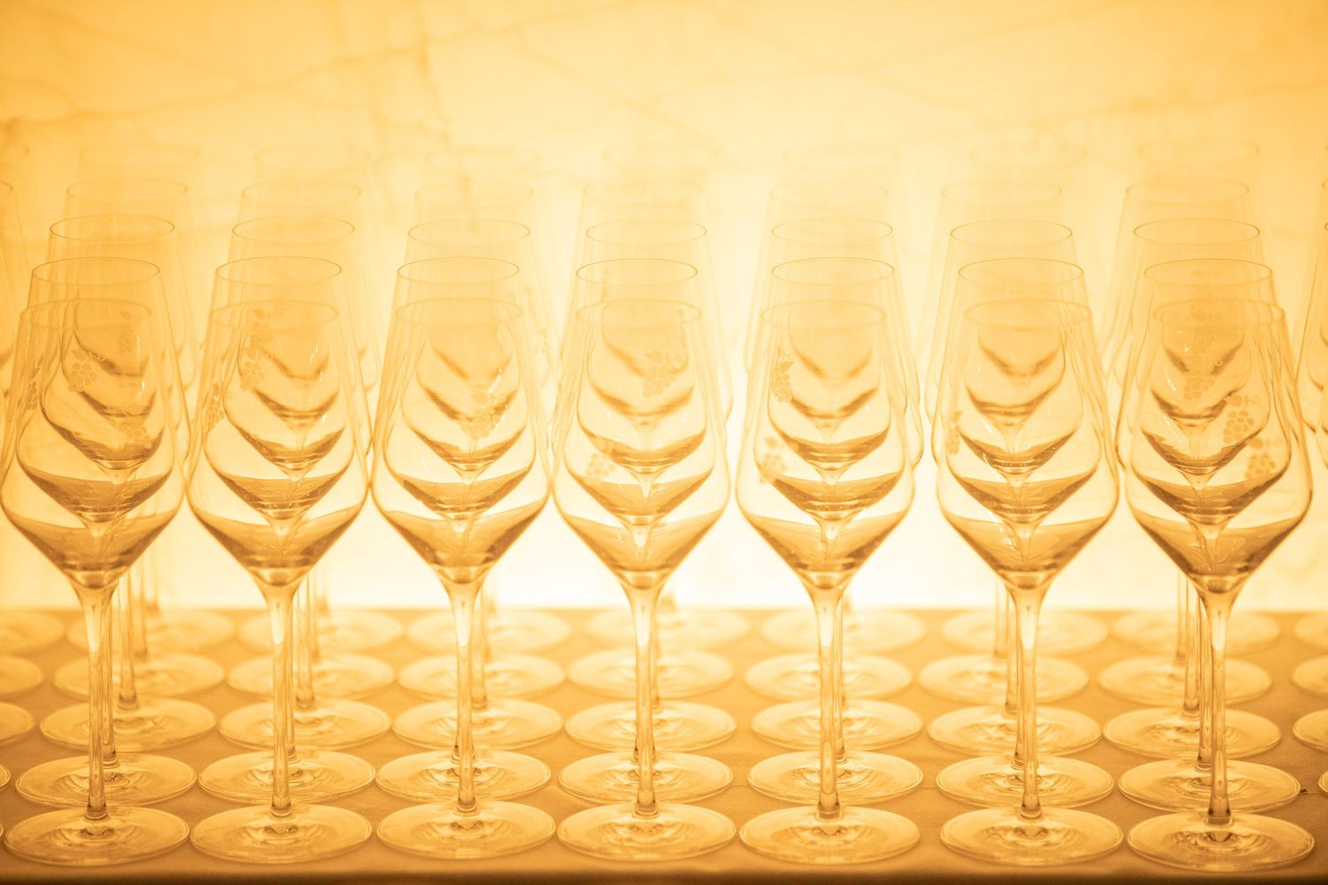 Rows of elegant crystal champagne flutes arranged in a line with warm golden lighting at a corporate event.
