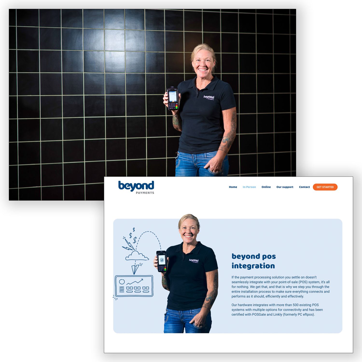 Smiling woman holding tablet device displayed alongside Beyond POS integration website homepage design.