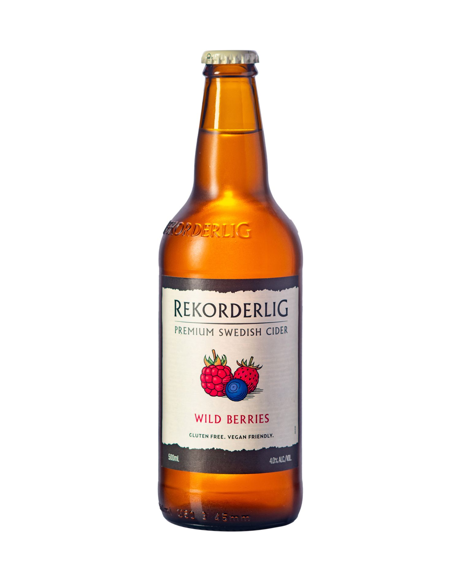 Rekorderlig Premium Swedish Wild Berries Cider in a brown 500ml bottle, gluten-free and vegan.