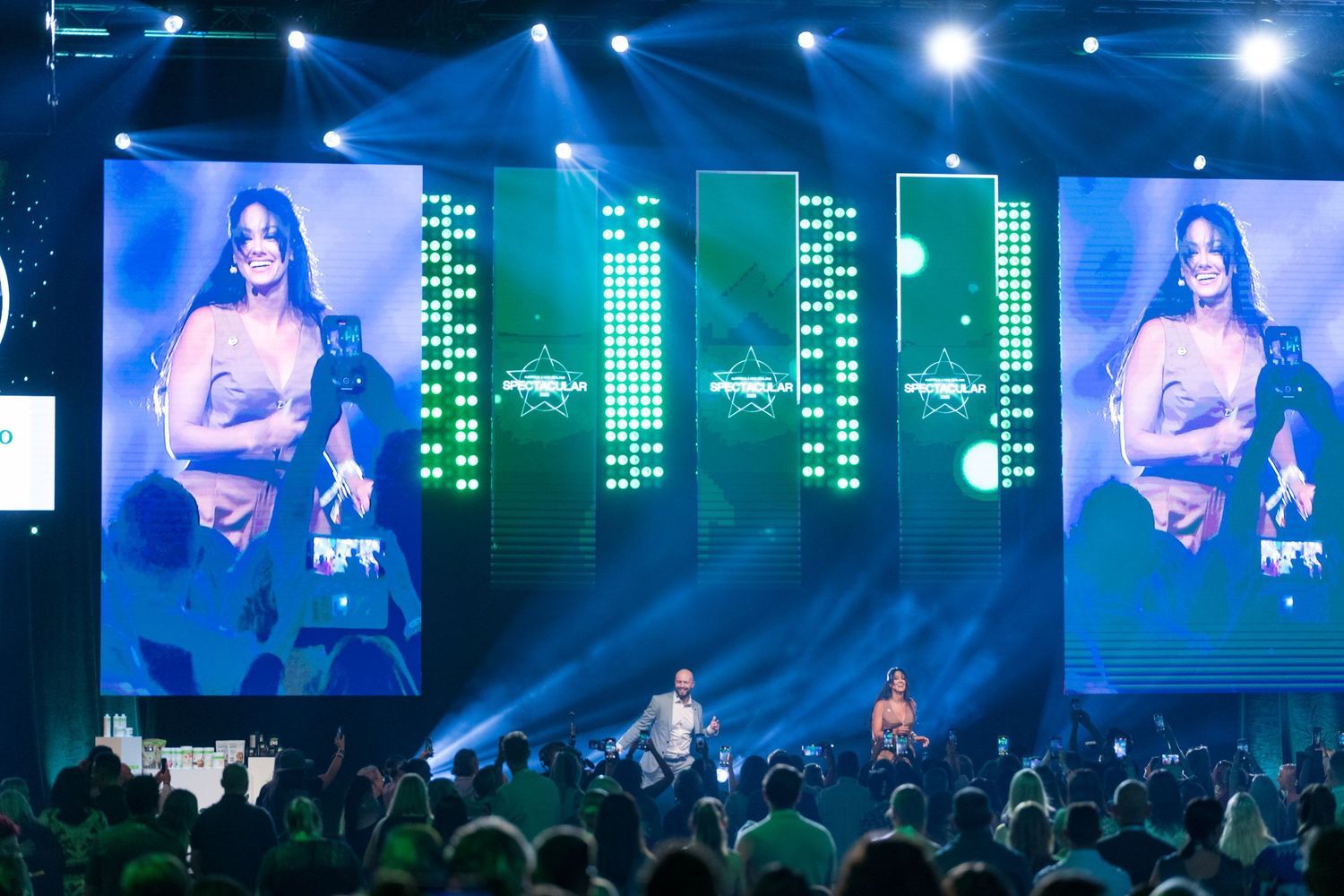 Large concert venue crowd watches performer displayed on three giant LED screens on stage.