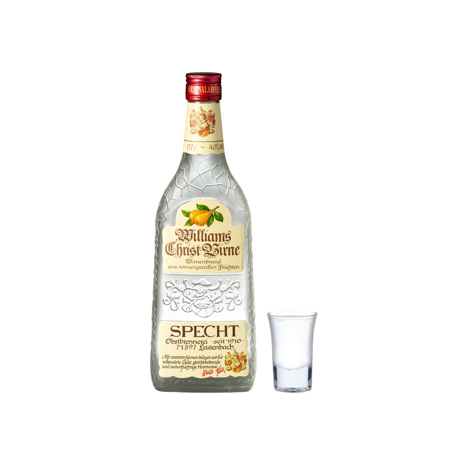 Specht Williams Christ Birne pear schnapps bottle with a shot glass on white background.