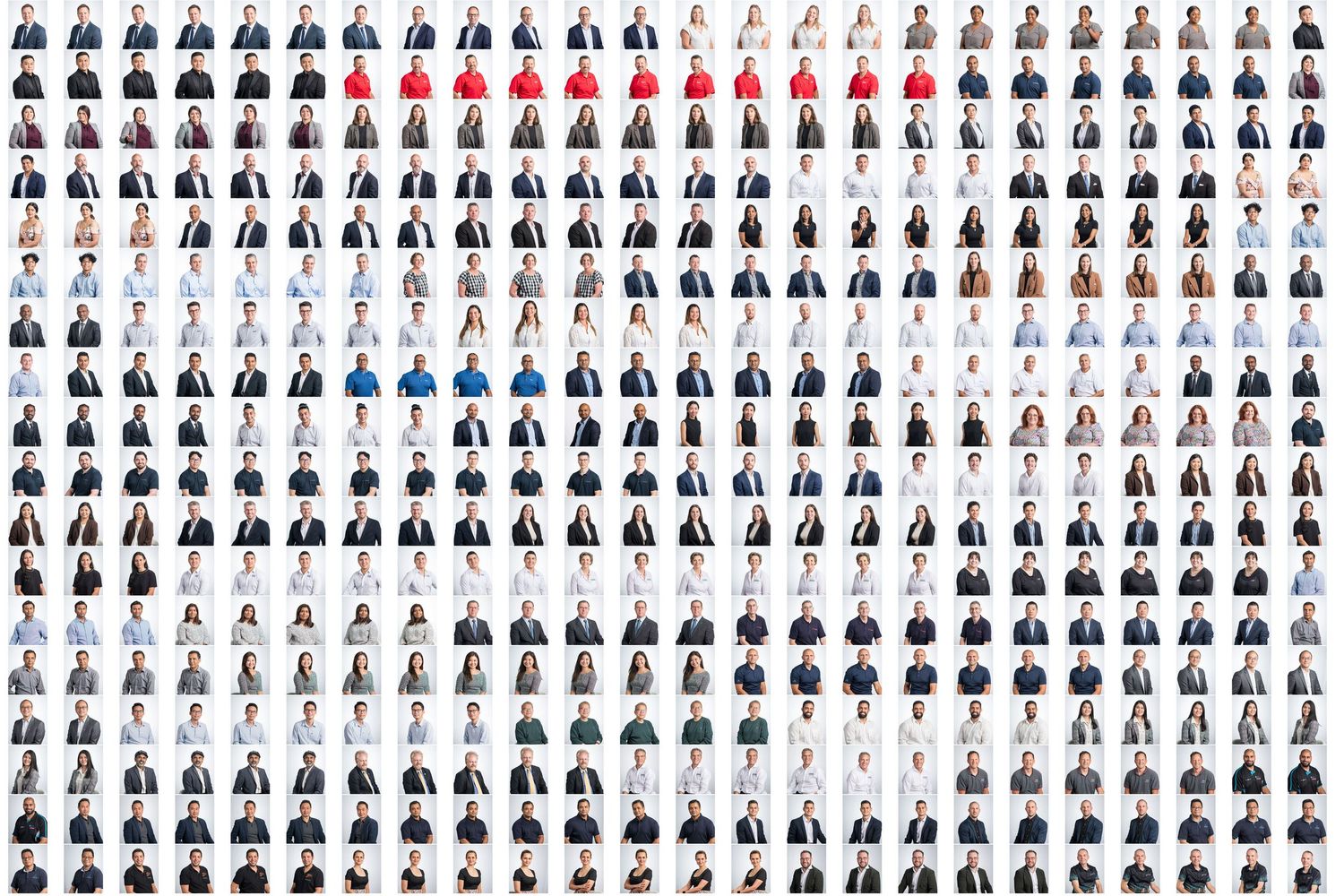 Diverse group of business professionals displayed in a large corporate headshot collage portrait grid.