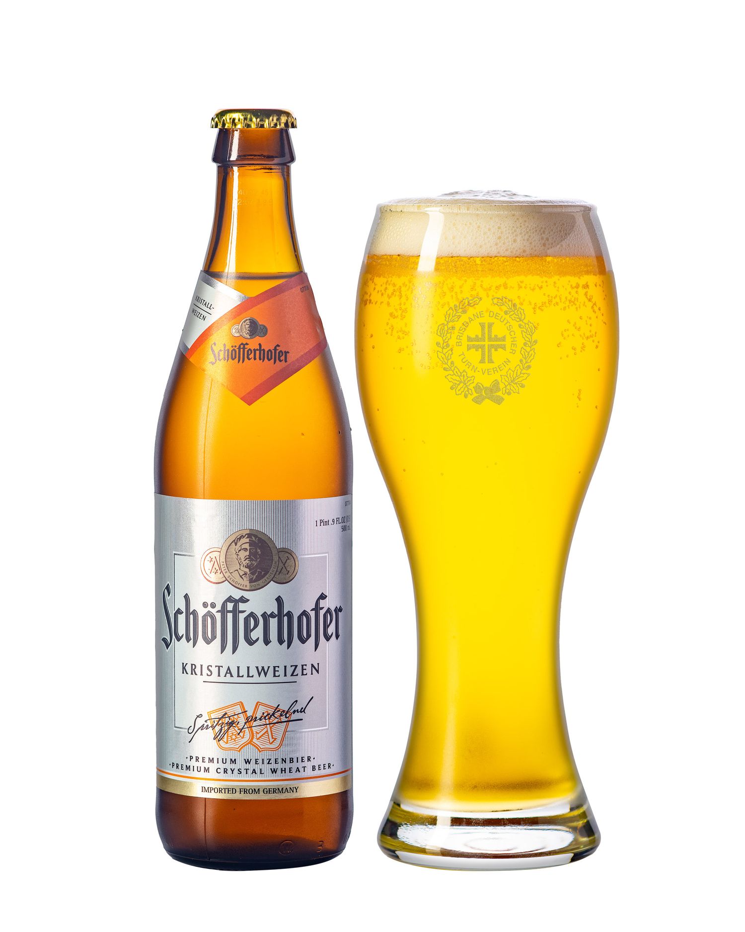 Schofferhofer Kristallweizen premium crystal wheat beer bottle with full poured glass.