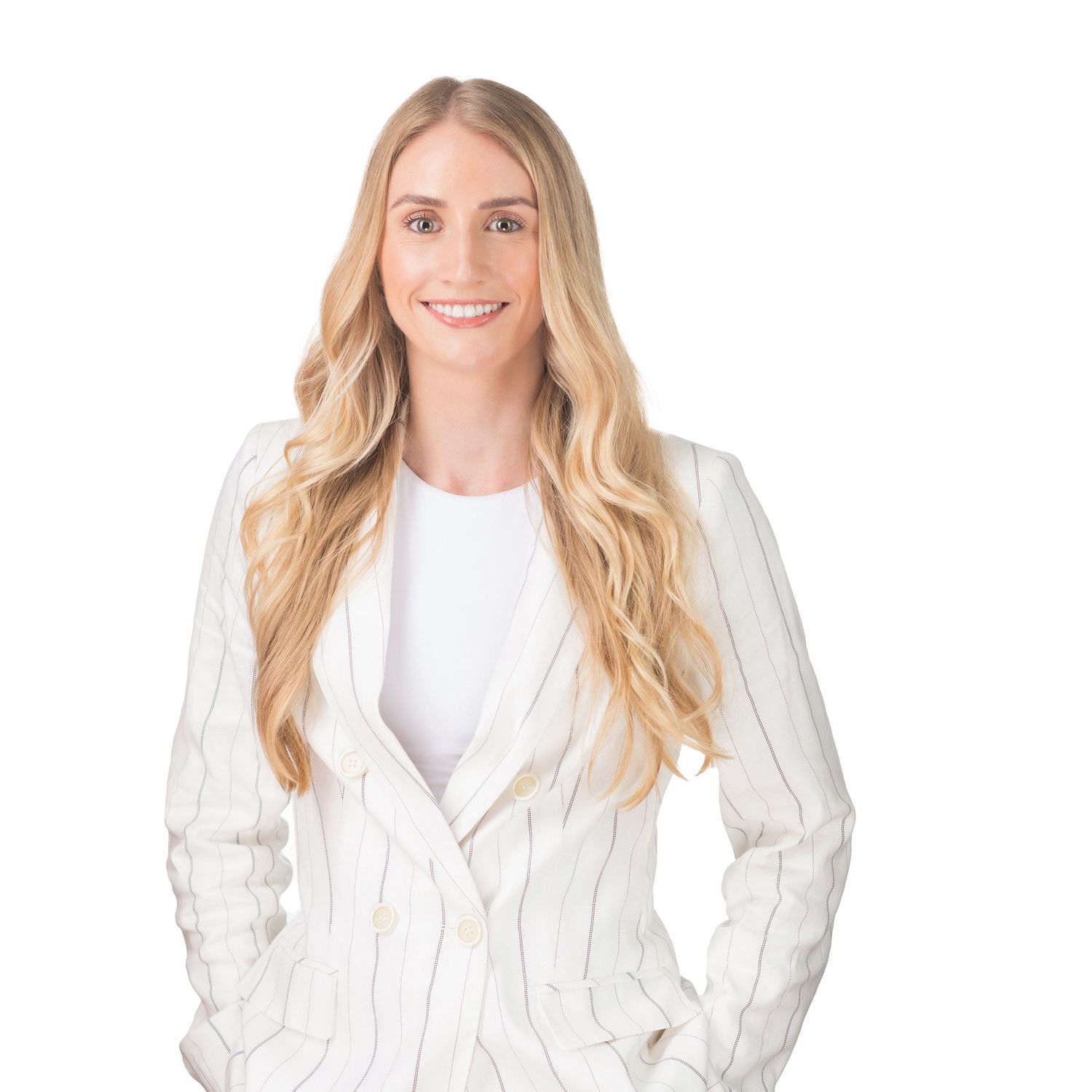 Smiling blonde woman in white pinstripe blazer, professional business portrait on white background.