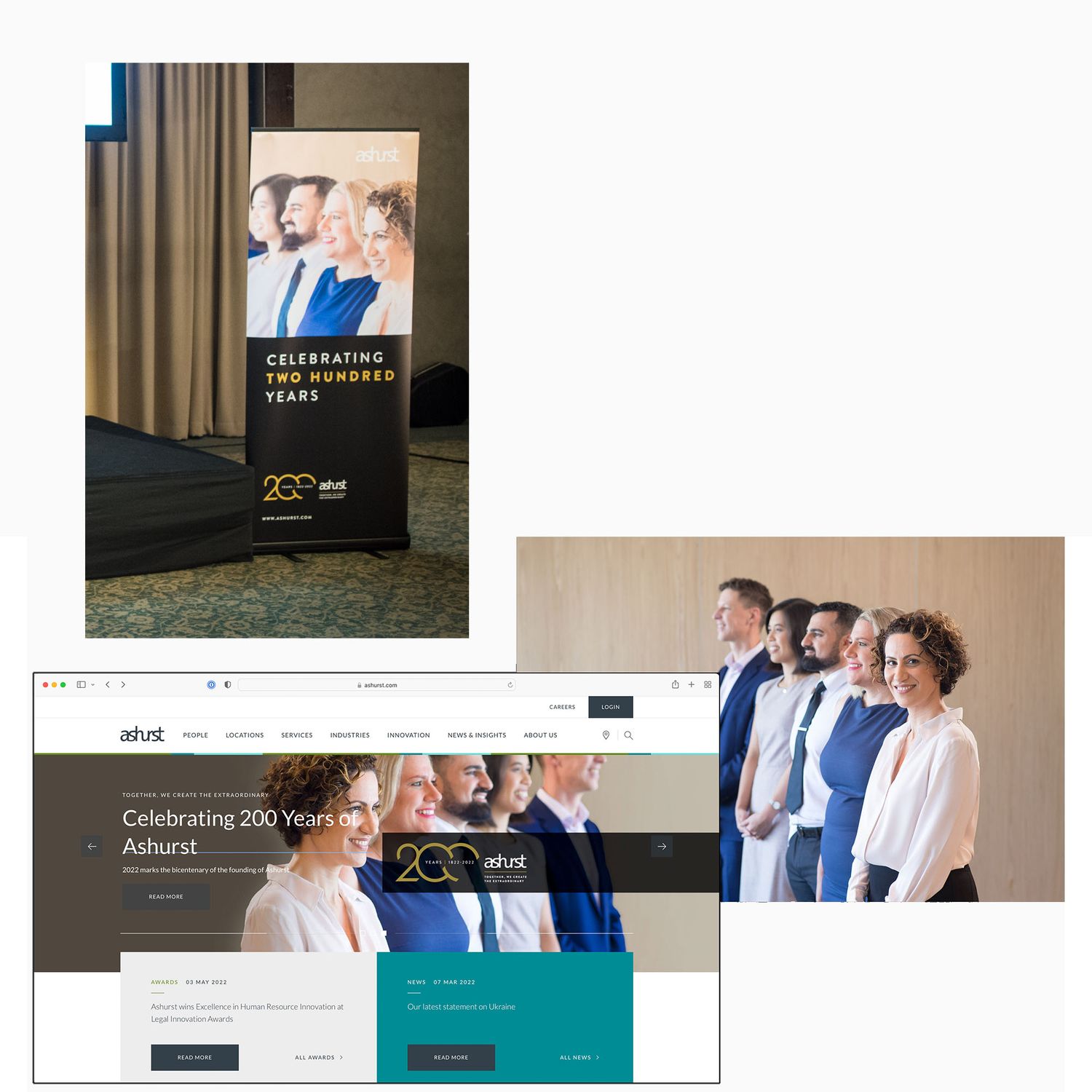Corporate photography collage showing Ashurst law firm 200th anniversary celebration banner and website design.