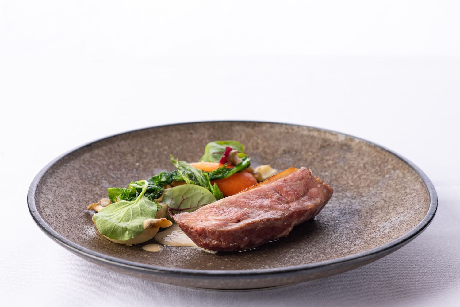 Gourmet sliced duck or beef with fresh vegetables and greens on a rustic brown ceramic plate.
