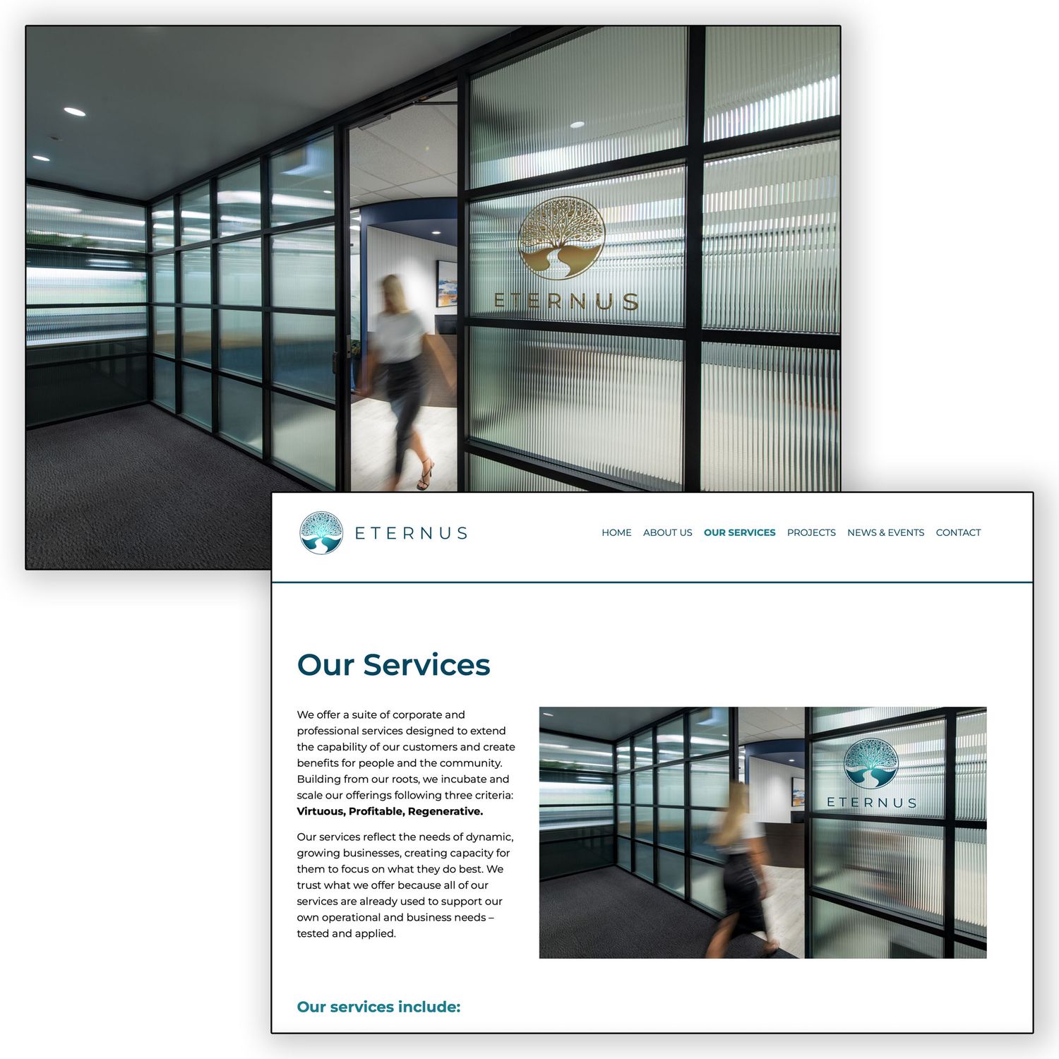 Eternus corporate office with glass partitions displayed alongside company website services page design.