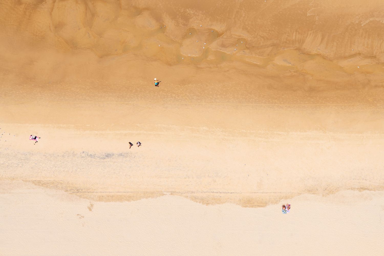 Aerial top-down view of sandy beach with gentle waves and scattered beachgoers.