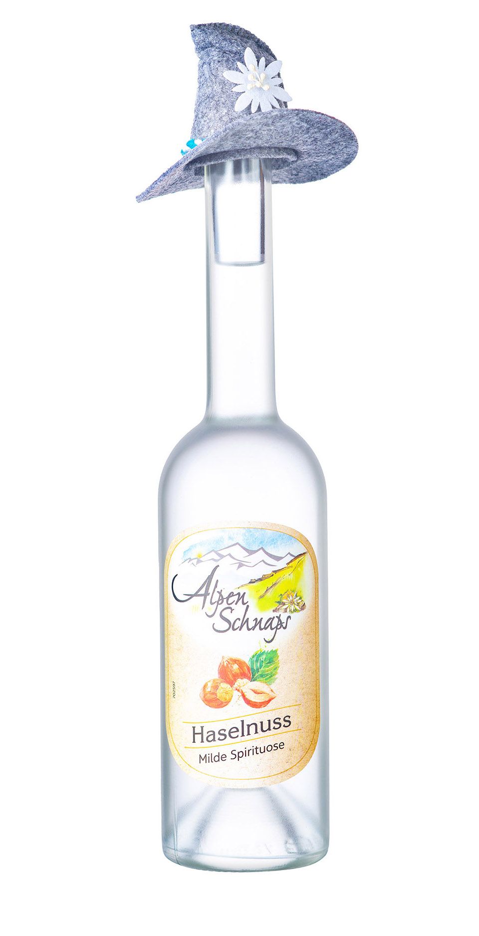 Alpen Schnapsi Haselnuss hazelnut schnapps clear bottle topped with a decorative Bavarian felt hat.