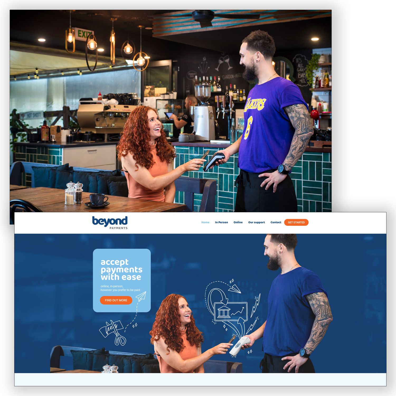 A waiter processes a payment using a Beyond card reader at a modern restaurant.