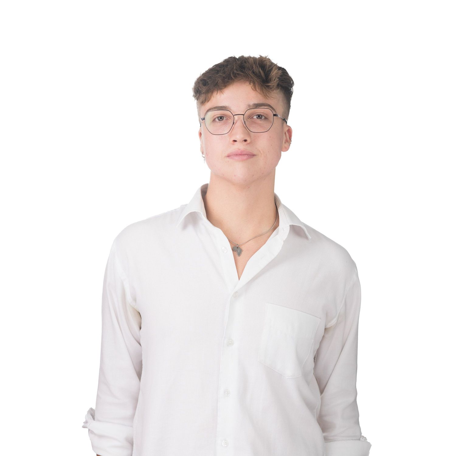 Young man with glasses wearing a white button-up shirt posing against a white background.