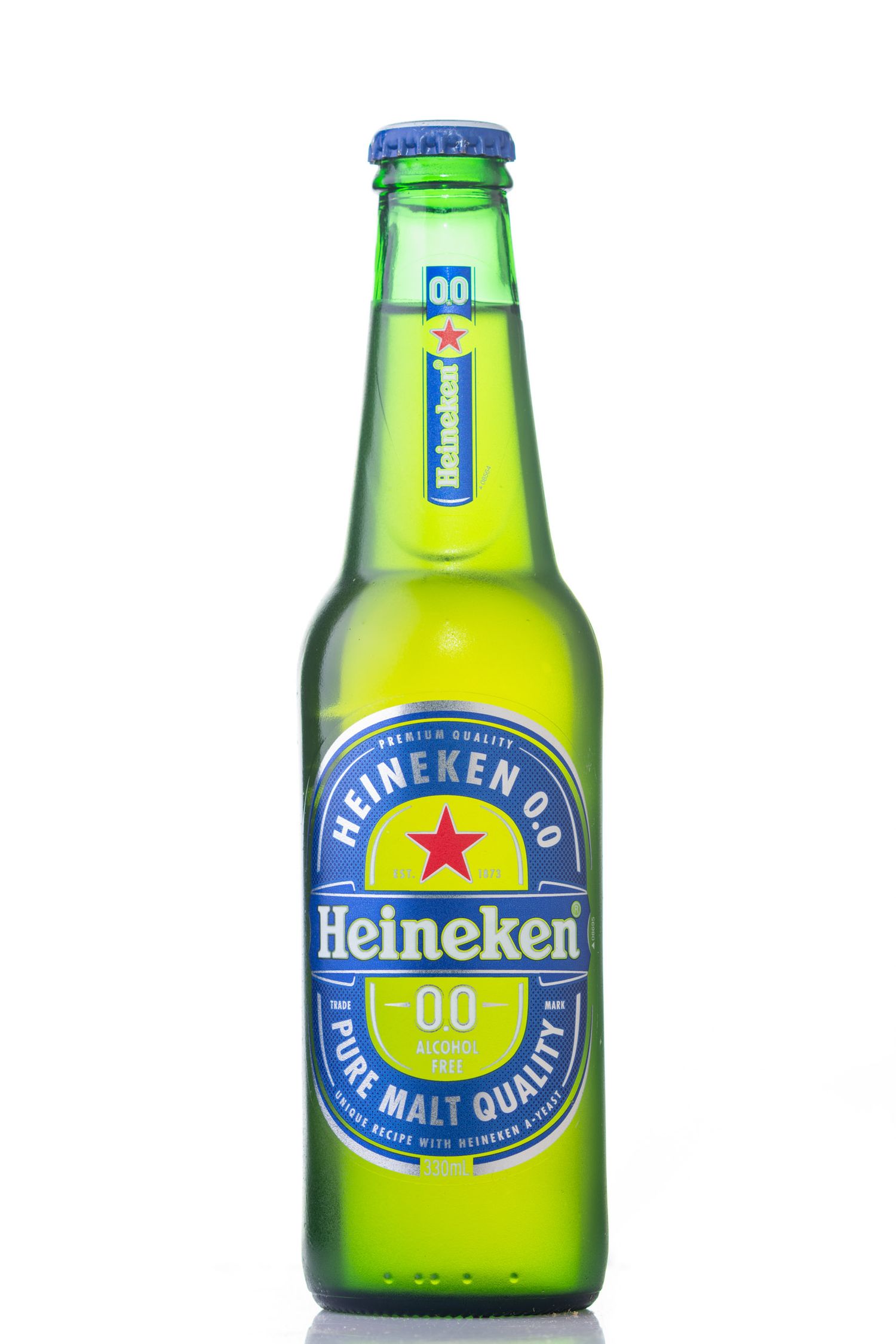Heineken 0.0 non-alcoholic beer bottle isolated on white background.