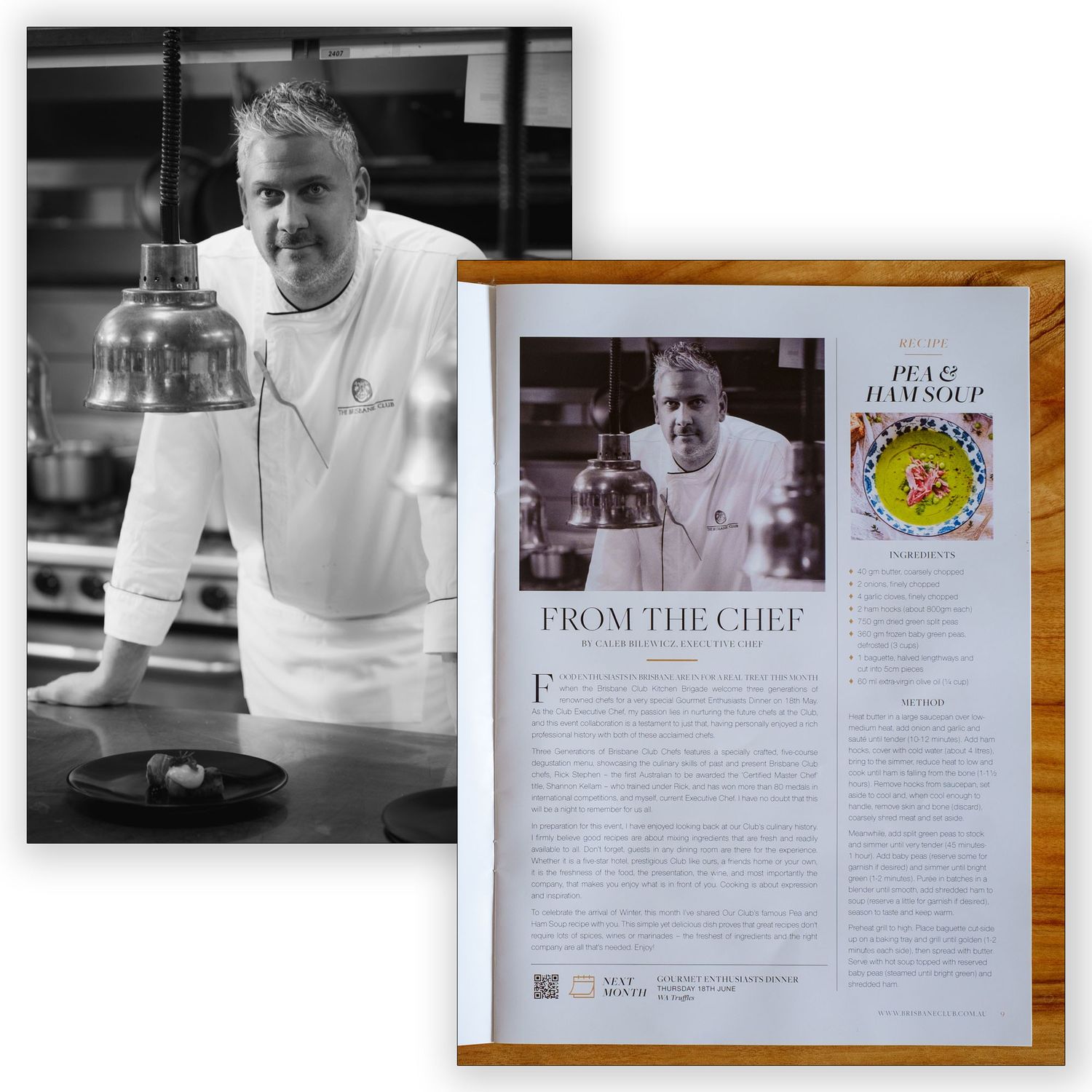 Black and white chef portrait paired with magazine feature article about pea and ham soup recipe.