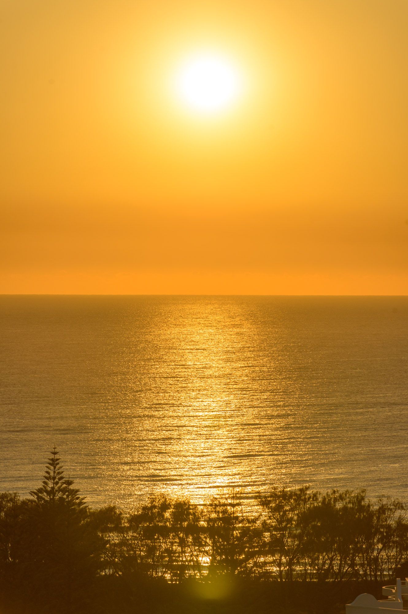 Golden sunset over calm ocean waters with sun reflection creating stunning orange seascape.