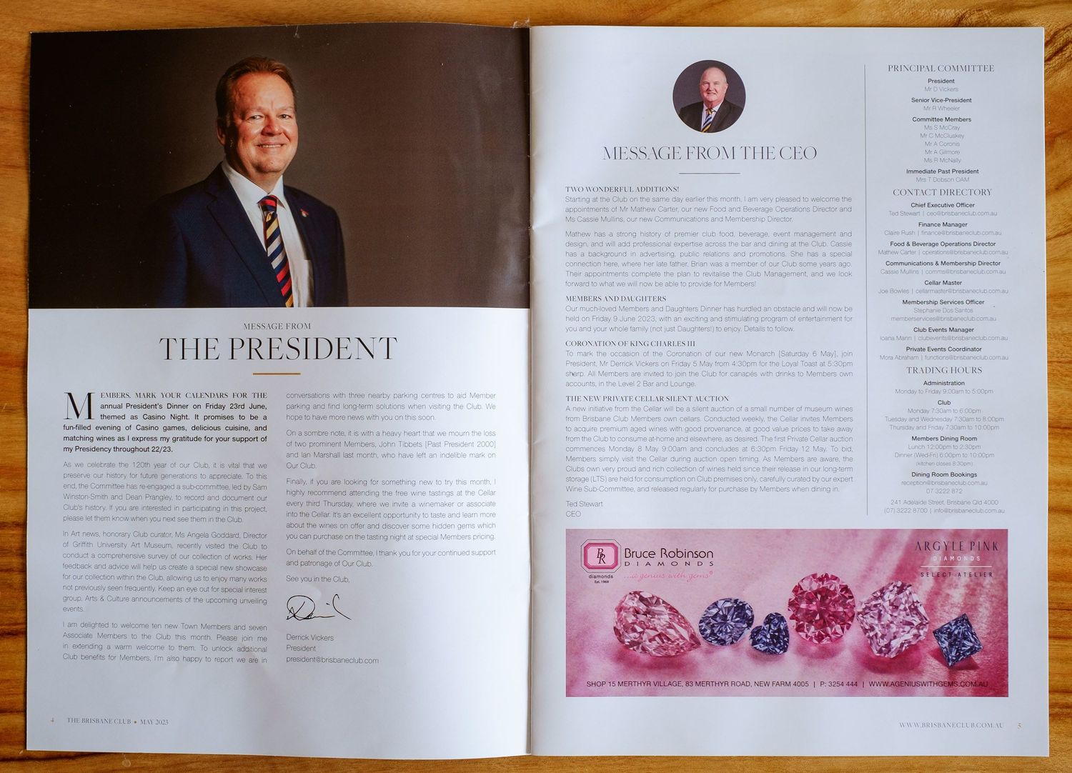 Open magazine spread showing The President and CEO message with pink diamond advertisement.