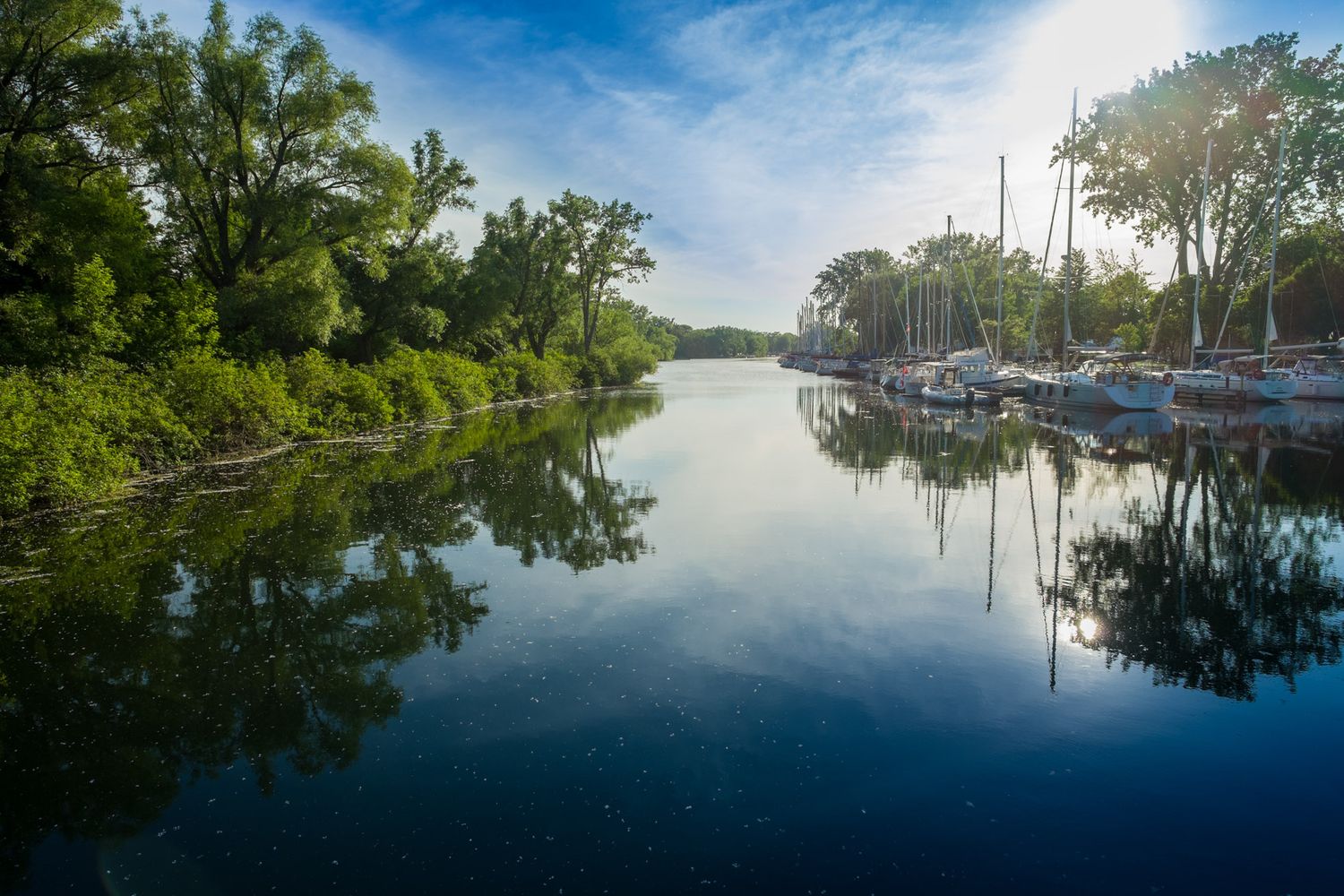 Calm marina canal reflecting blue sky and green trees with sailboats docked along the peaceful waterway.