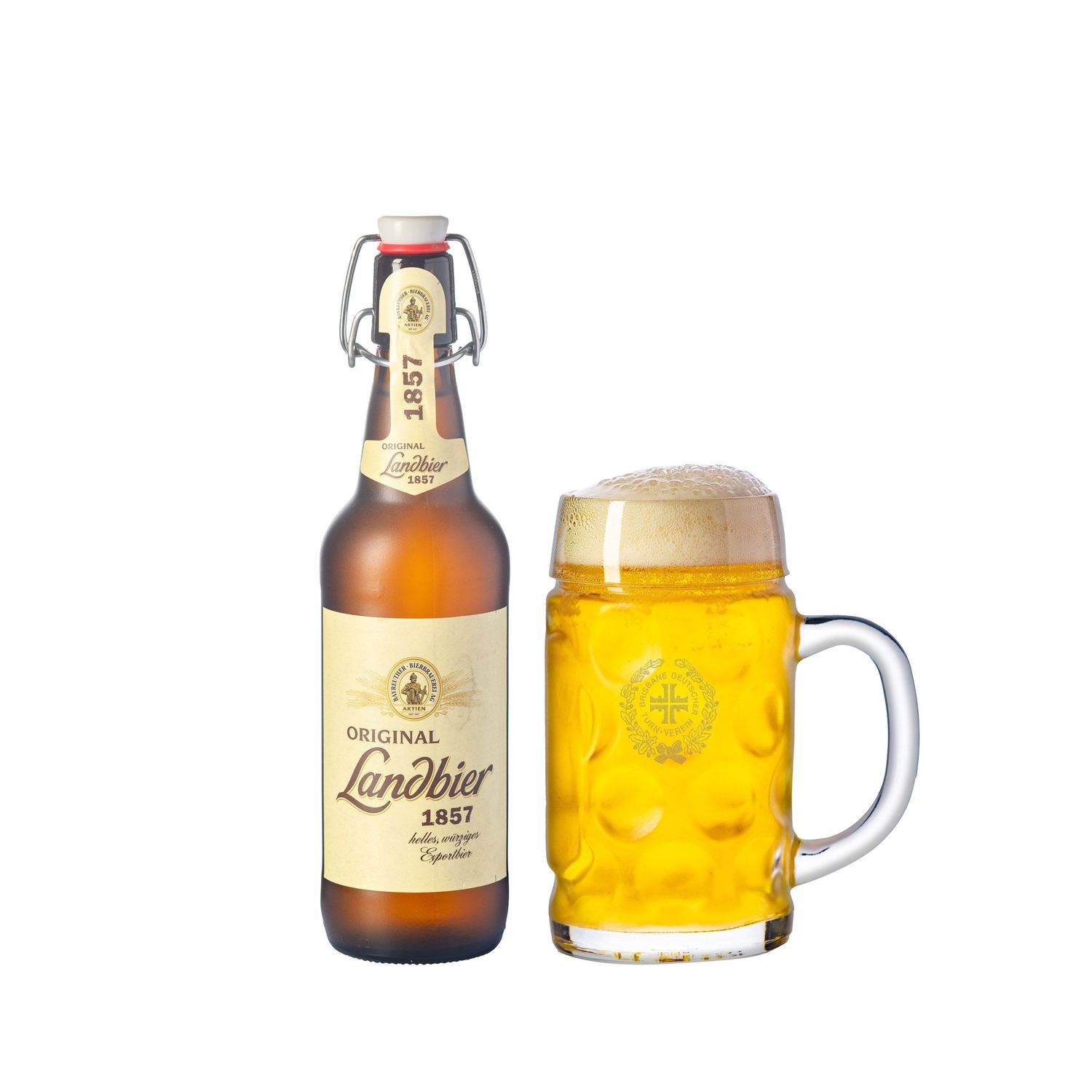 Original Landbier 1857 German lager beer bottle with a full frothy glass mug on white background.