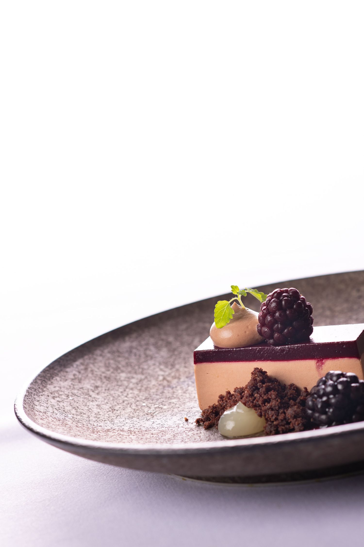 Elegant blackberry and chocolate mousse dessert with mint garnish on a textured dark ceramic plate.