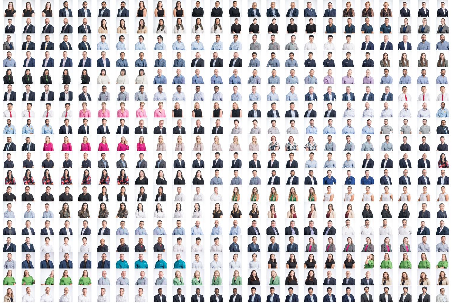 Large collage grid of diverse professional corporate headshots featuring people in various business attire.