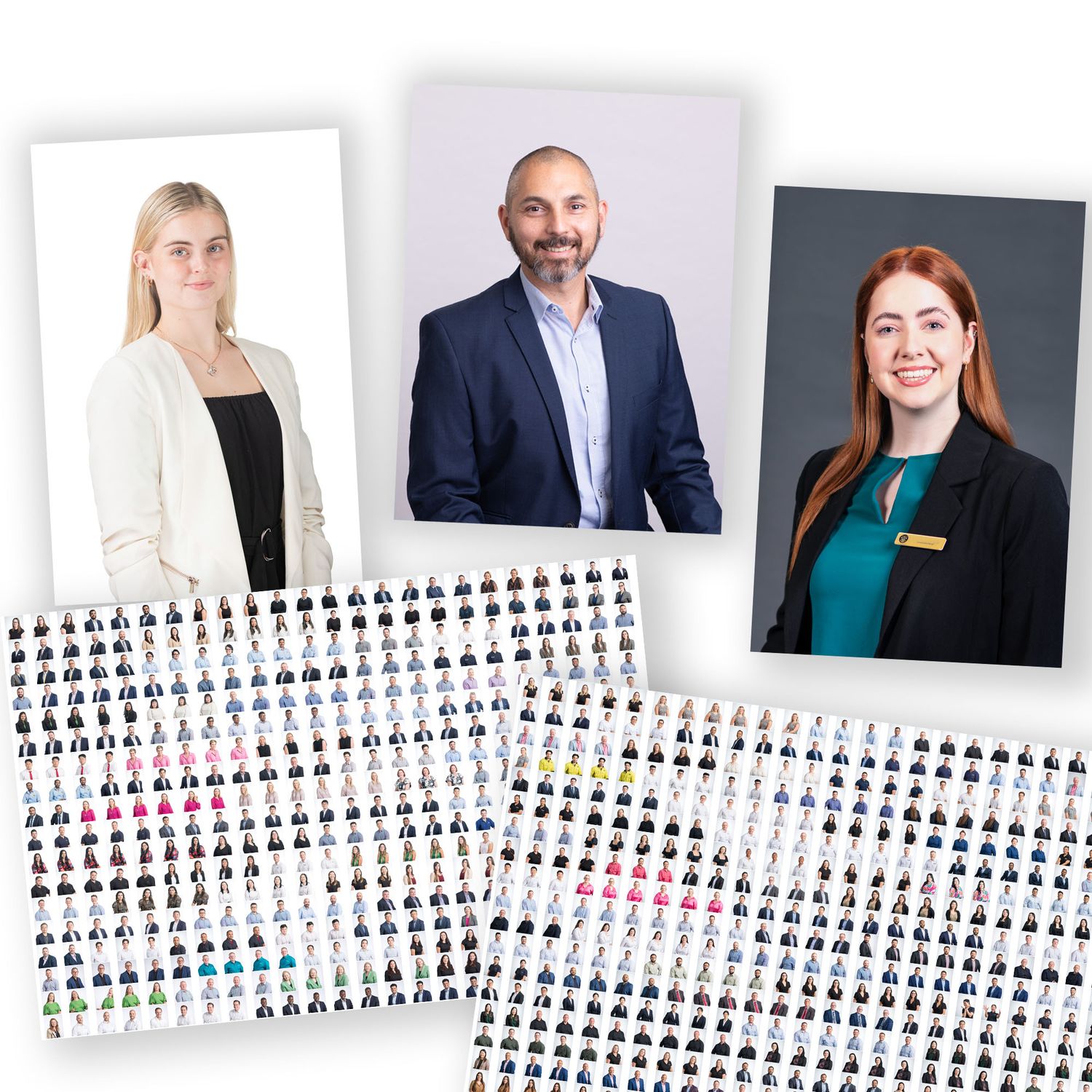 Professional corporate headshots collage featuring three portrait photos above rows of staff images.