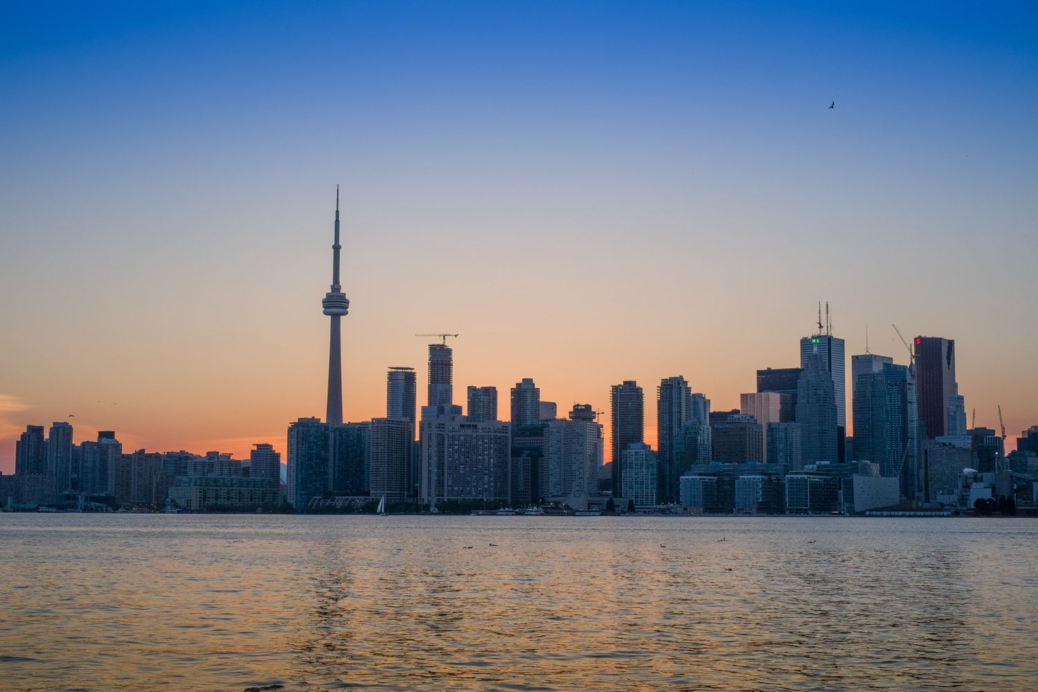 Toronto city skyline featuring the iconic CN Tower silhouetted against a stunning blue and orange sunset sky.