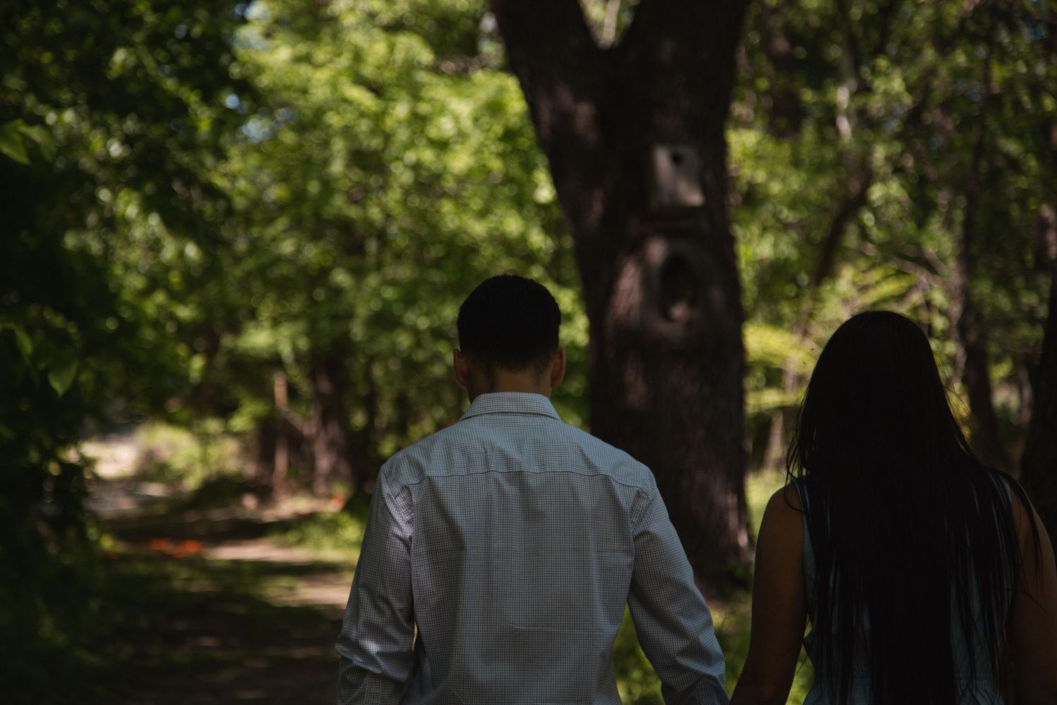 Couple holding hands walking together along a shaded tree-lined path in a lush green forest.