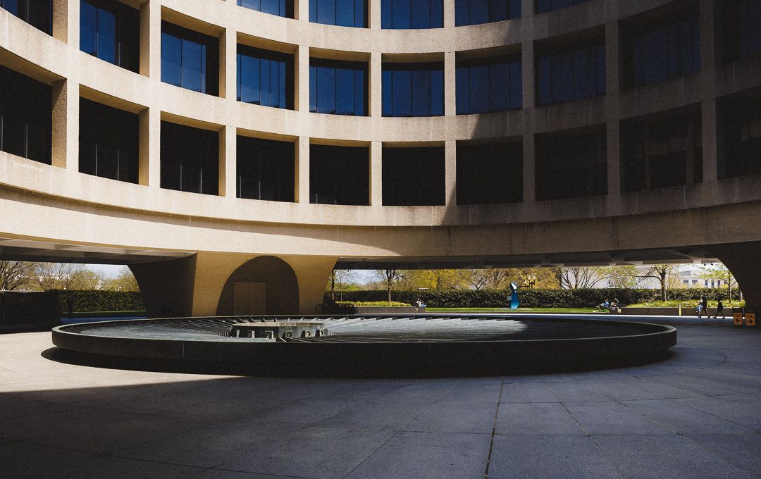 Curved modern architecture and fountain at the Smithsonian complex in Washington, D.C.
