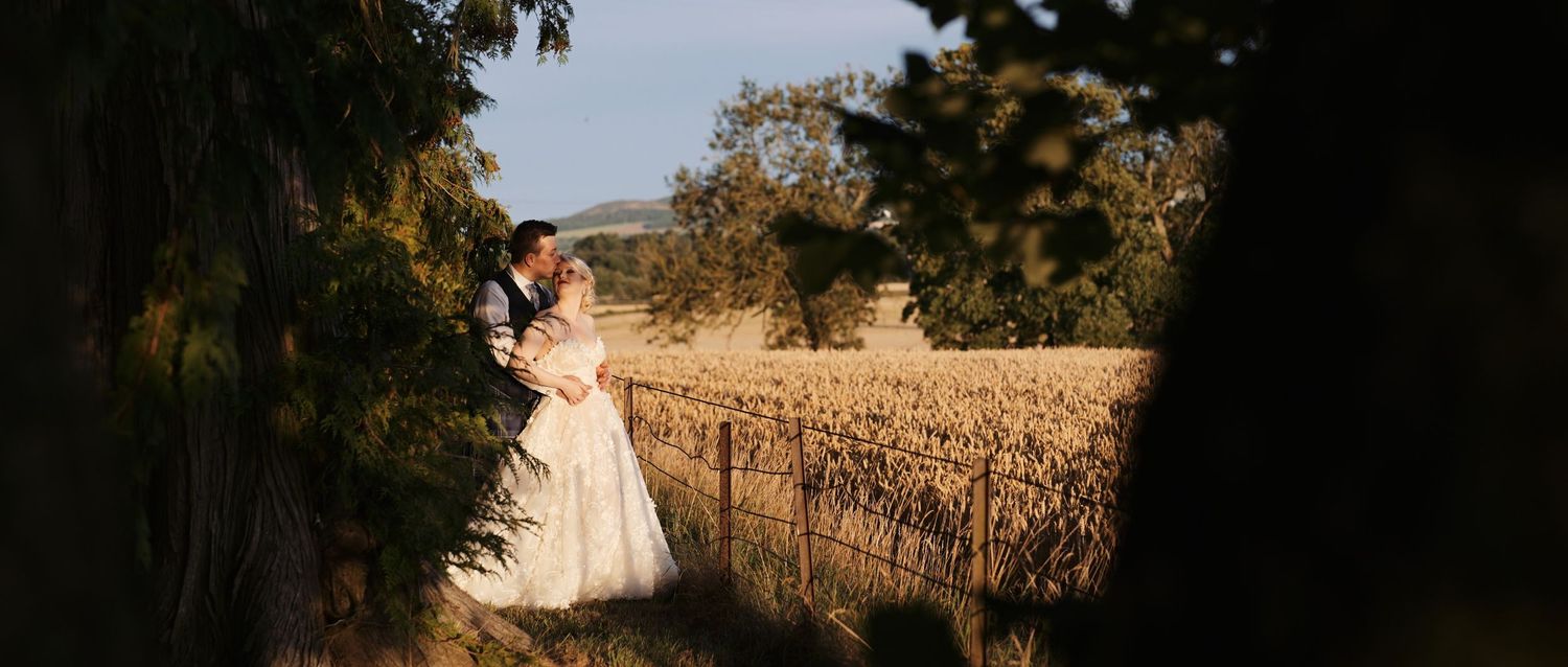 Bride and groom embrace in a golden wheat field at sunset, framed by leafy trees and a rustic fence in a romantic countryside wedding scene.