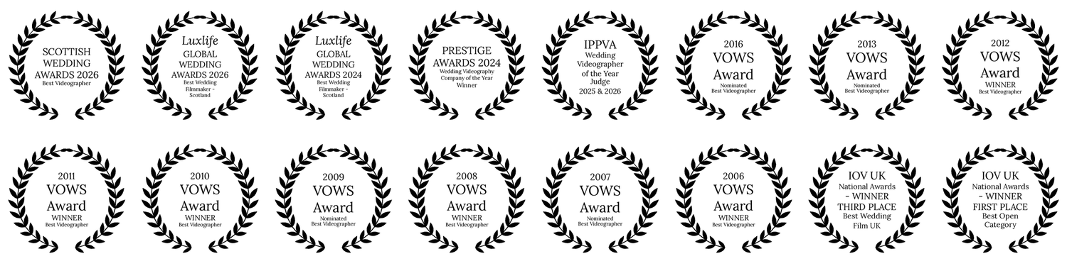 Set of black laurel wreath award badges for film festival and VOWS awards, each with small text, displayed in two rows on white.