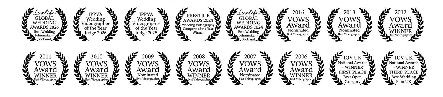 Row of prestigious wedding videography award laurels on white background.