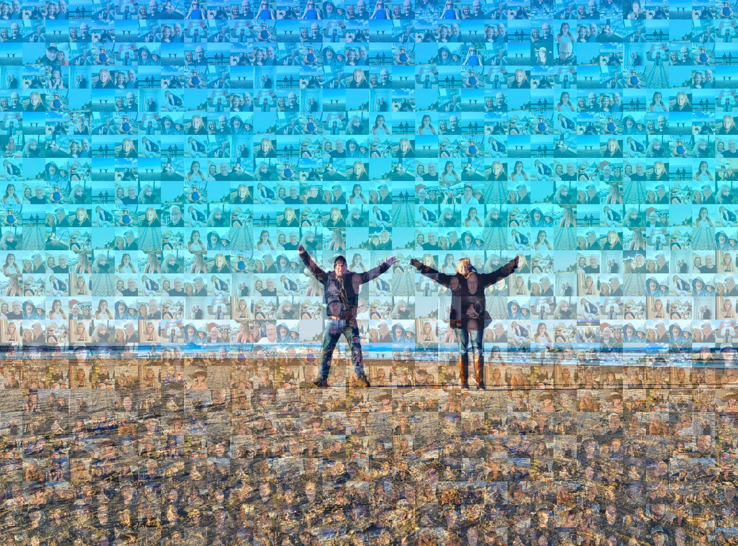 Two joyful people pose with arms wide open in a vibrant photo mosaic with blue sky and sandy ground.