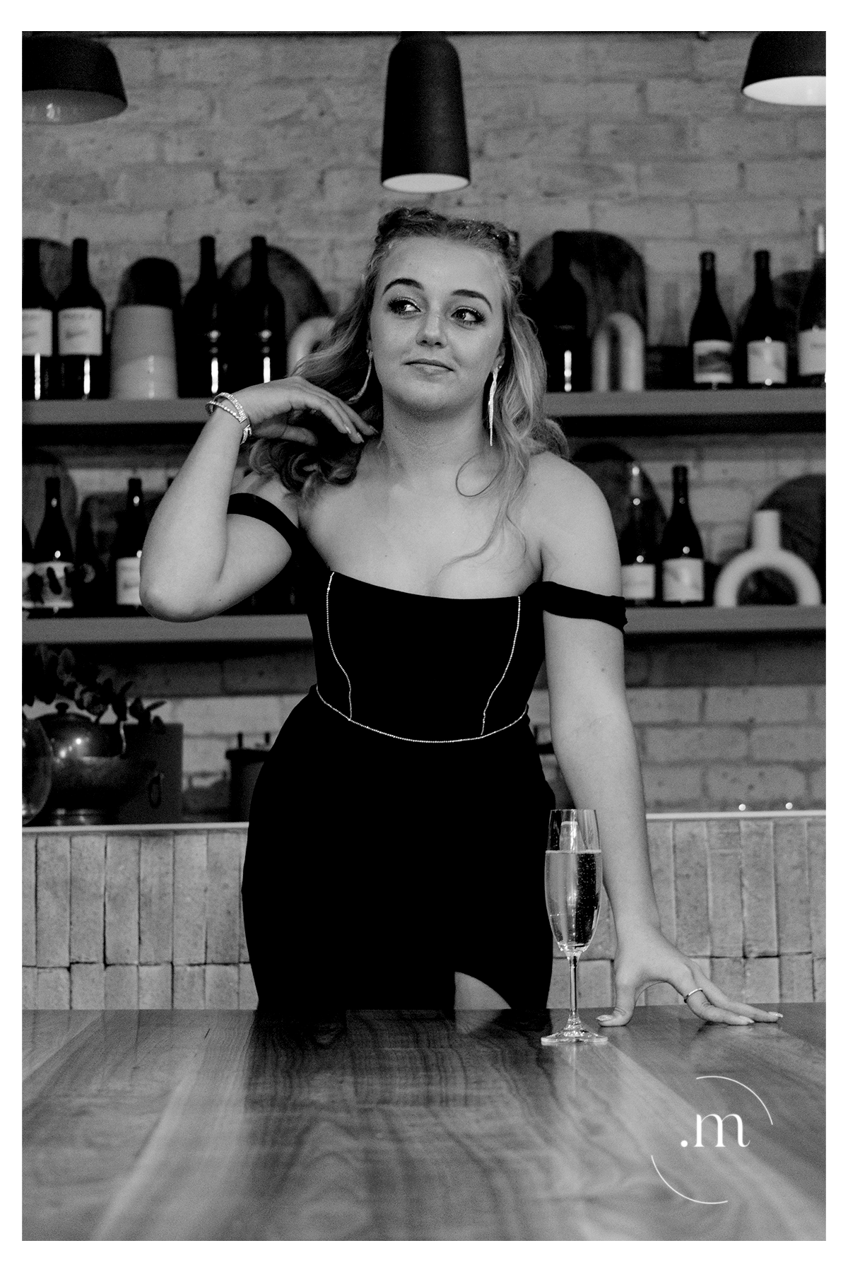 Black and white wine cellar ball gown portrait