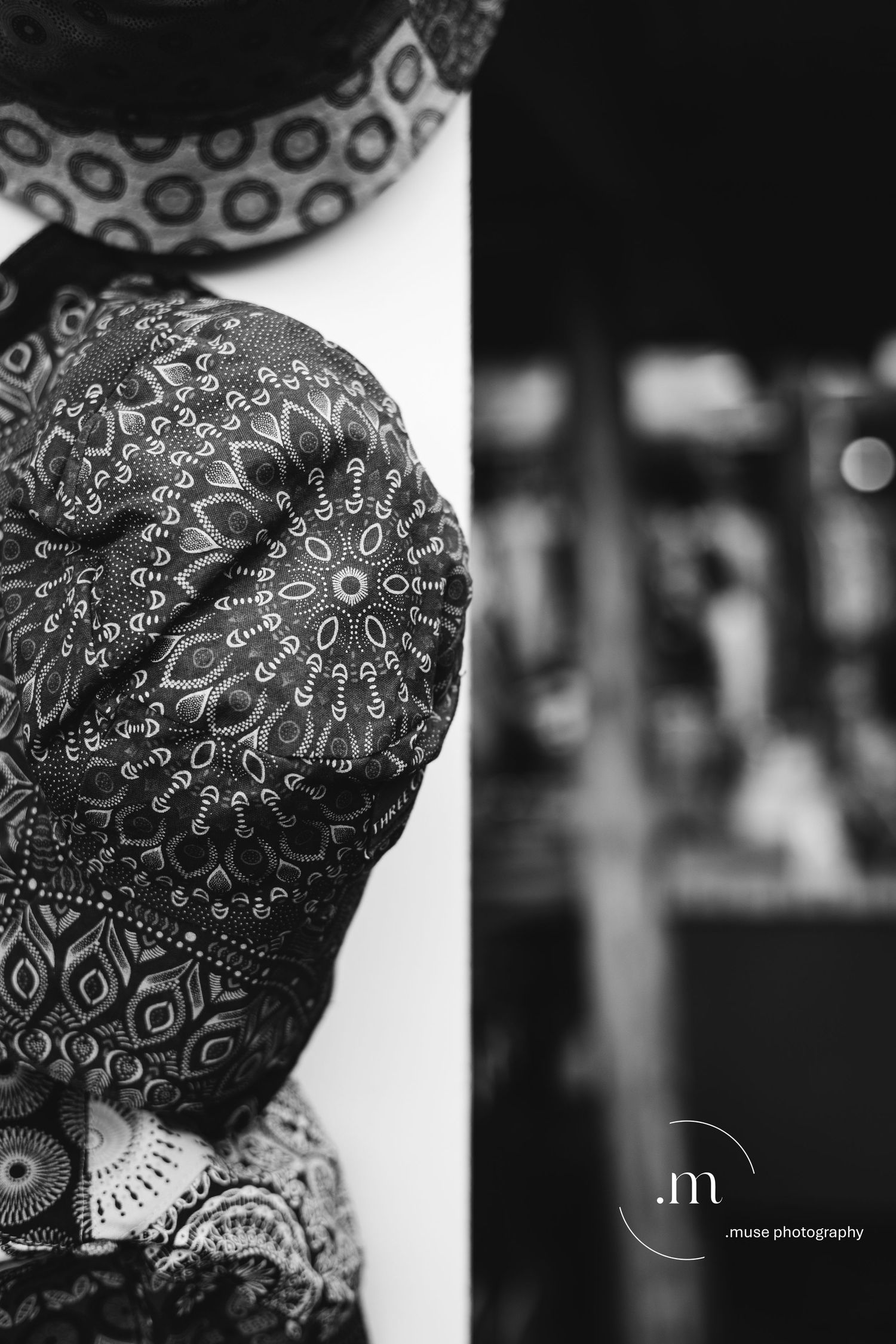 Black and white portrait detail with shallow depth of field