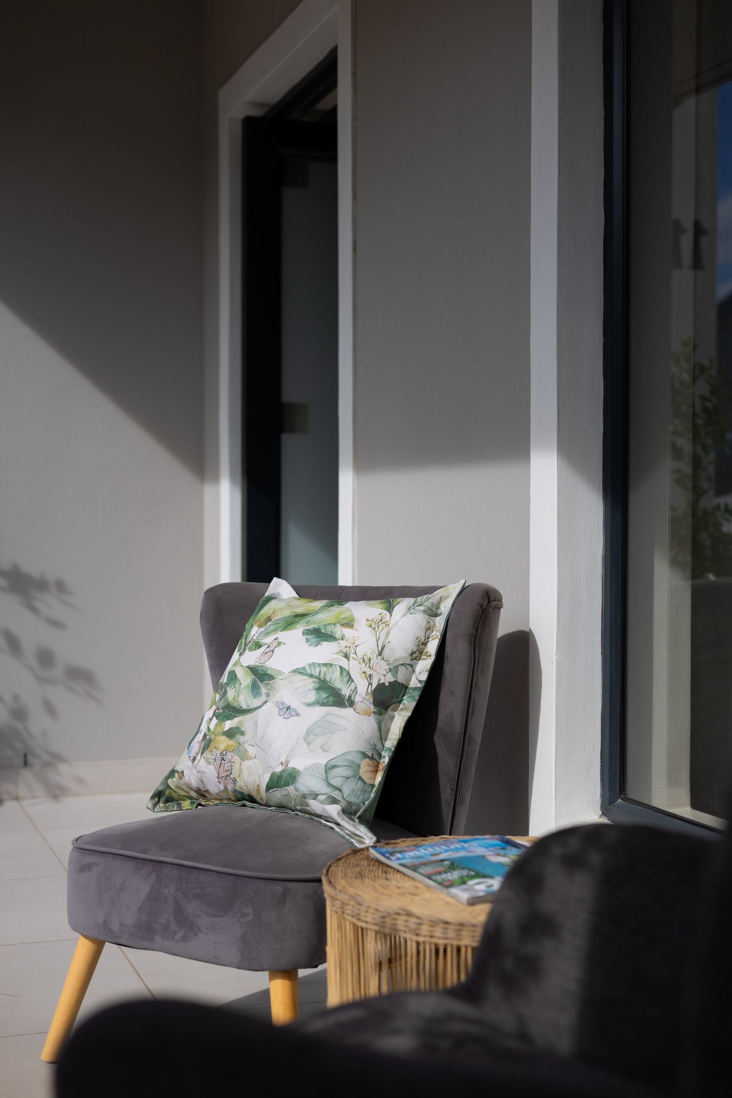 Grey chair in afternoon sunlight