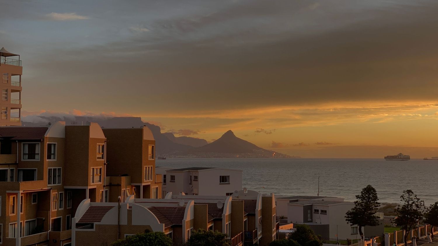 Sunset buildings with lions head in the backround