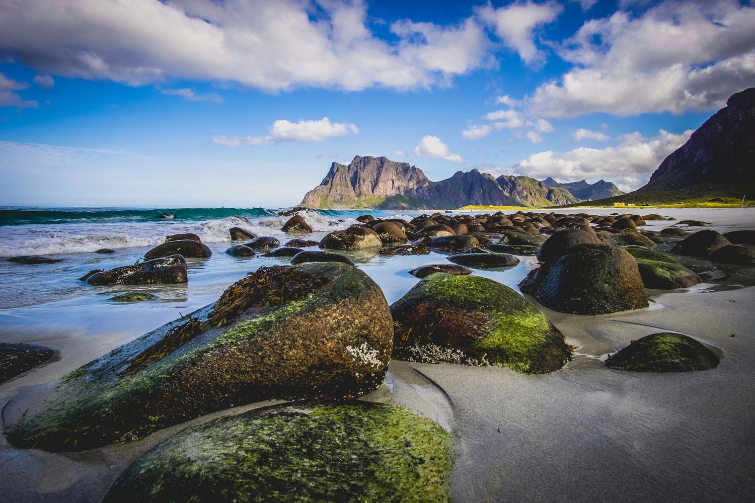 Rocky beach with moss-covered stones and dramatic mountain peaks rising from the Norwegian coastline at sunset.