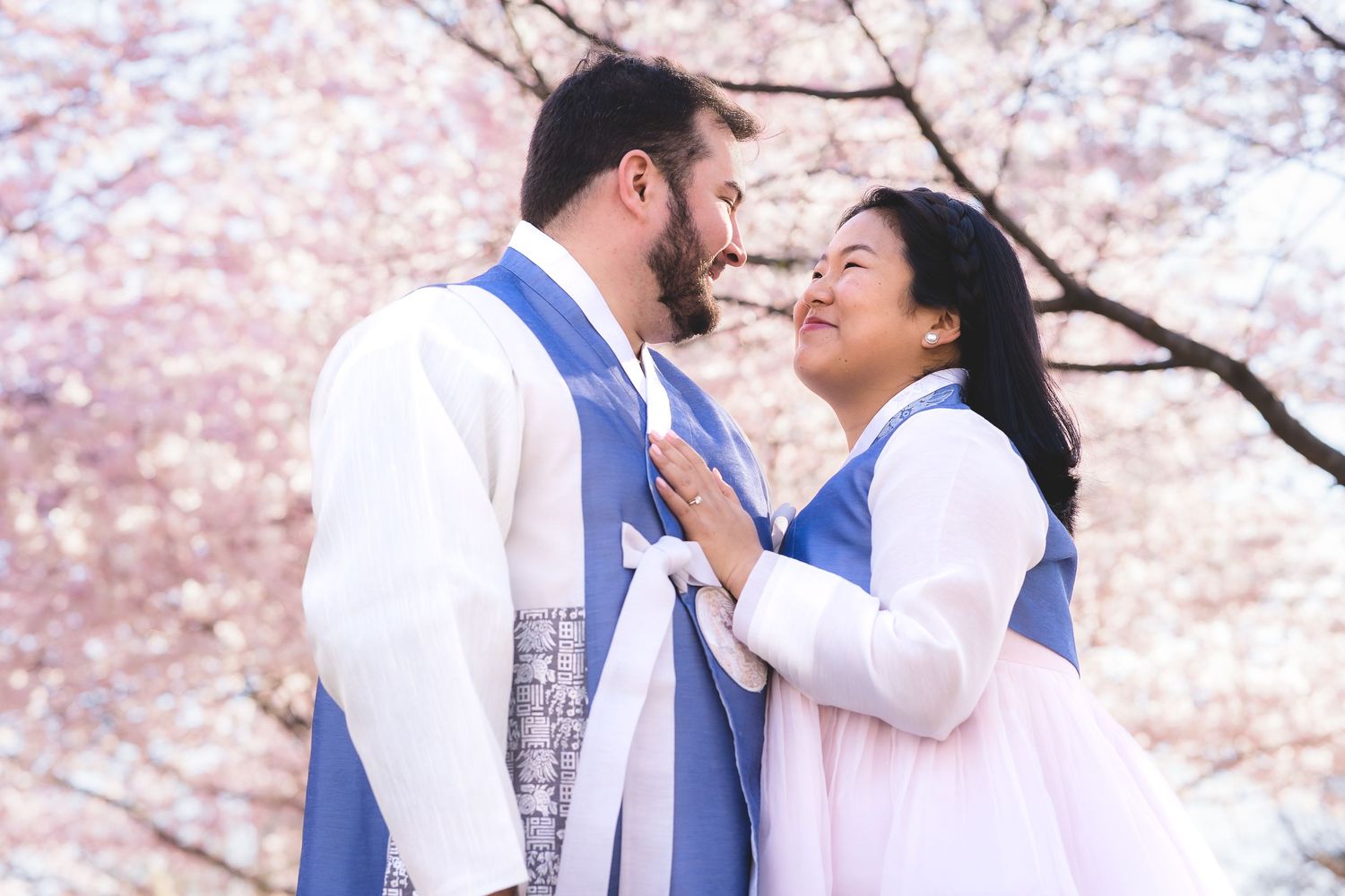 Couple in traditional Korean hanbok embracing under cherry blossoms.