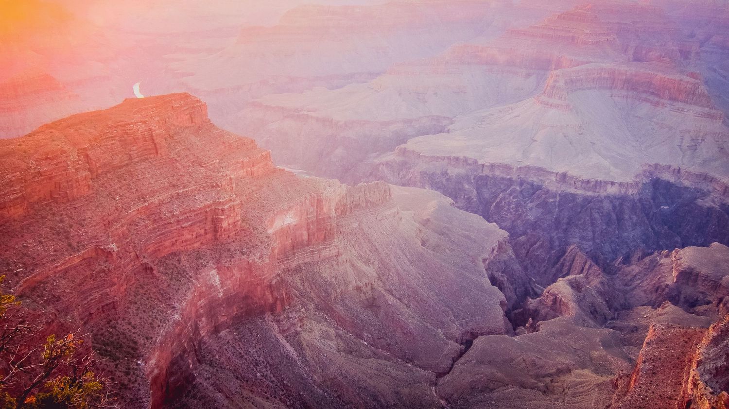 Panoramic sunset view of red-tinted canyon walls stretching across the horizon.