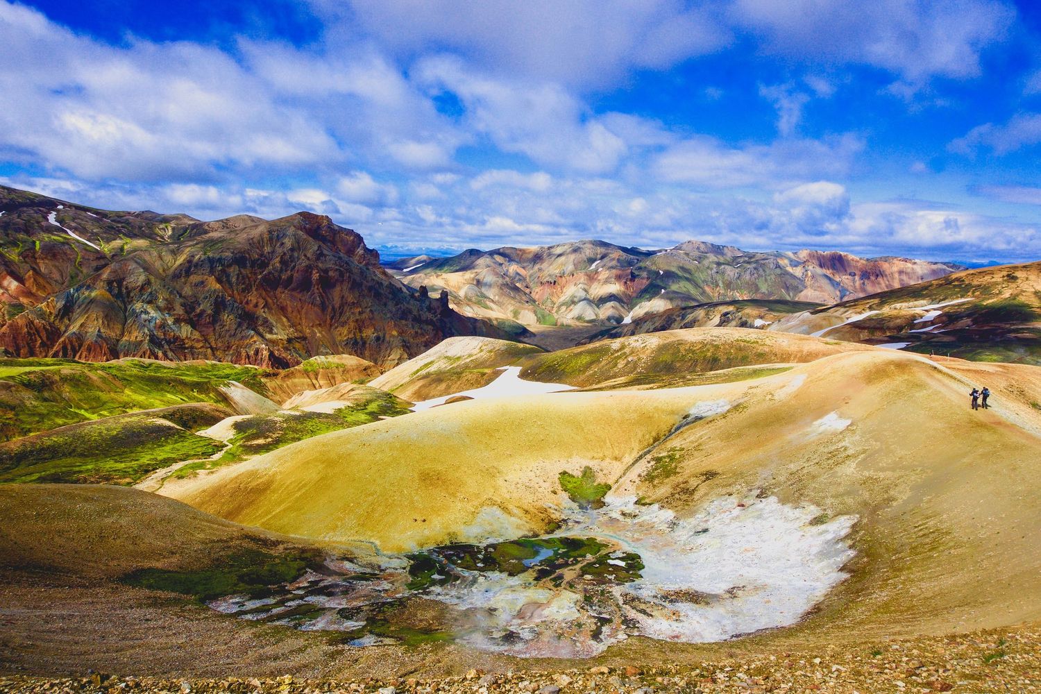 Colorful volcanic landscape in Landmannalaugar, Iceland with winding hiking trails through mineral-rich hills.