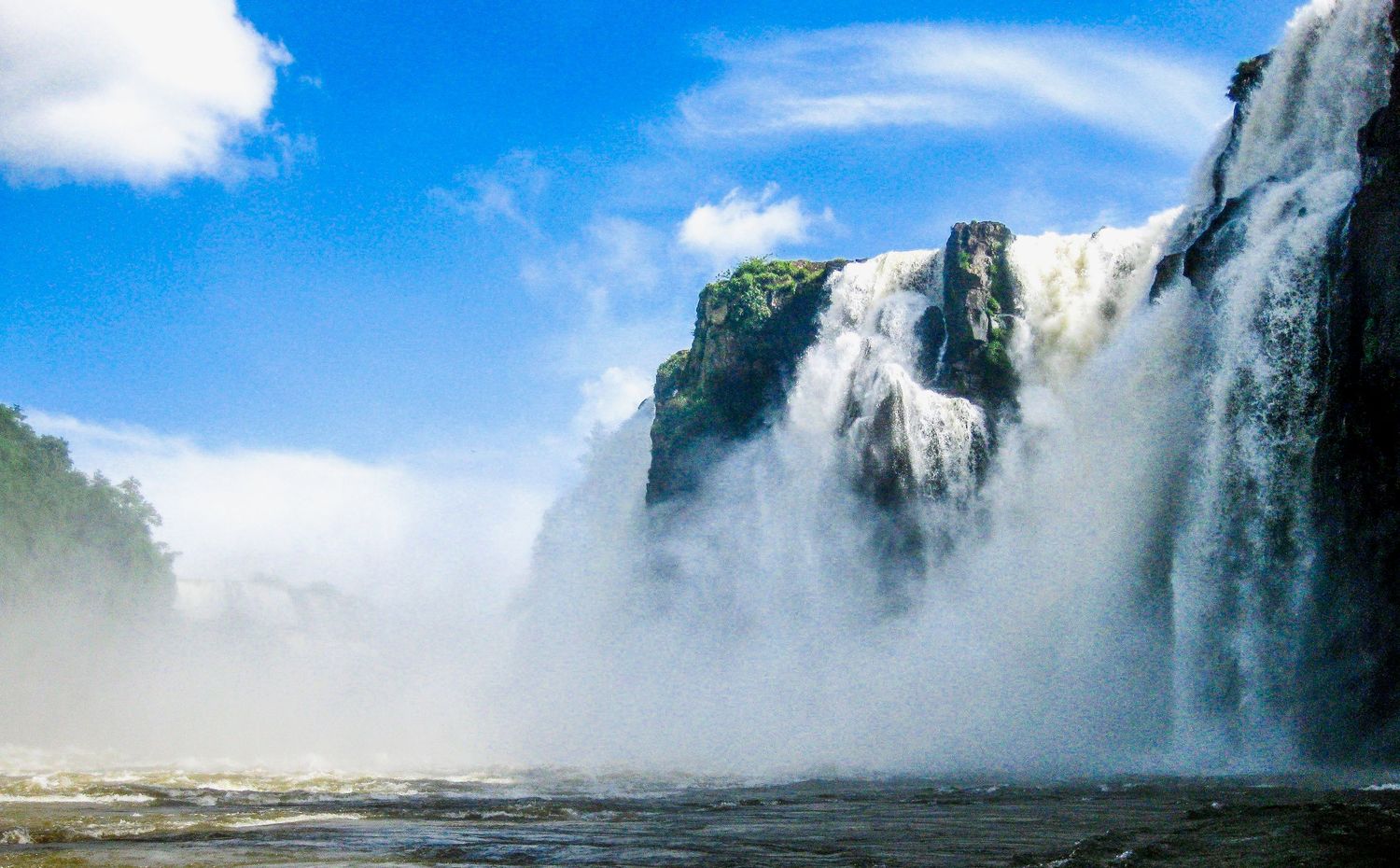 Panoramic view of powerful waterfalls with rising mist under bright blue sky.