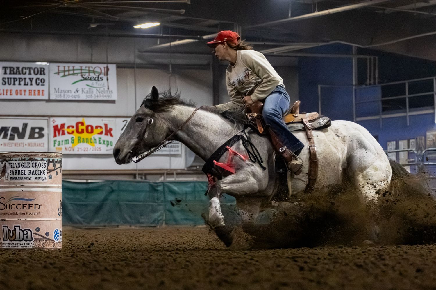 A fun shot of a barrel horse preparing for the turn.