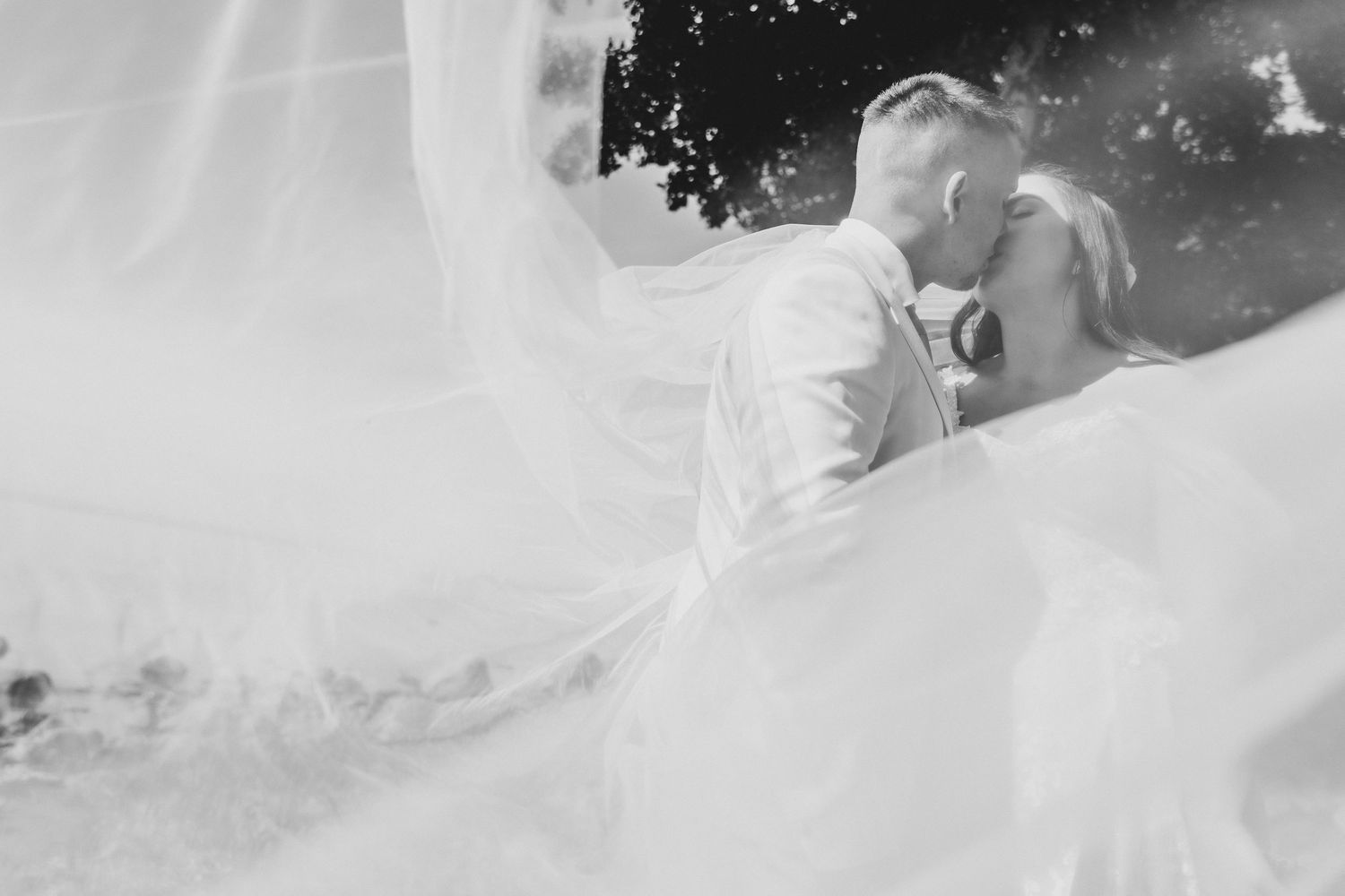 Black and white wedding photo of bride and groom kissing, framed by flowing bridal veil outdoors.