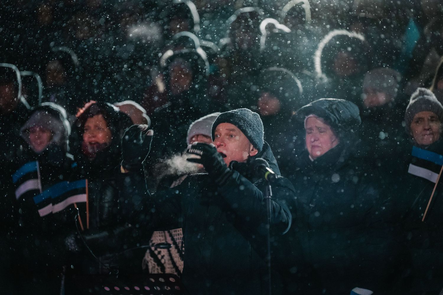 Crowd of people in winter coats and hats standing in snowfall at an outdoor night event.