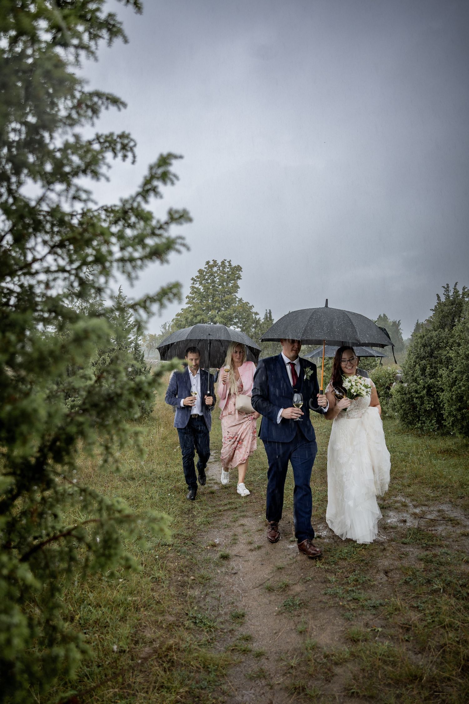 Wedding party walking on a rainy day path, bride in white gown and groom in navy suit holding black umbrellas.