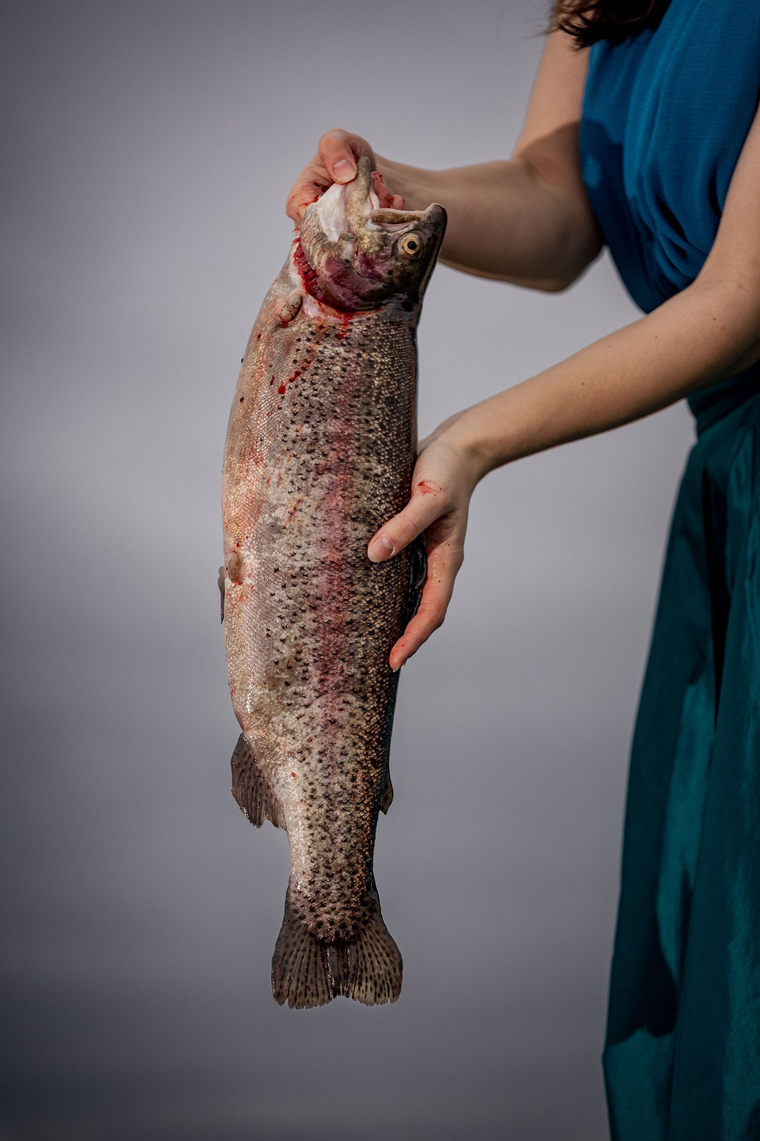 Woman in teal dress holding a large fresh whole trout fish against a gray studio background.