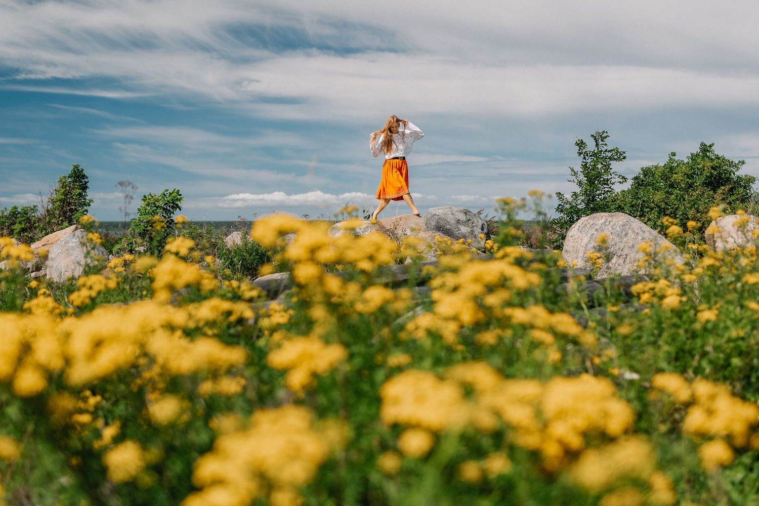 Woman in orange dress standing on rocks surrounded by vibrant yellow wildflowers under a cloudy sky.