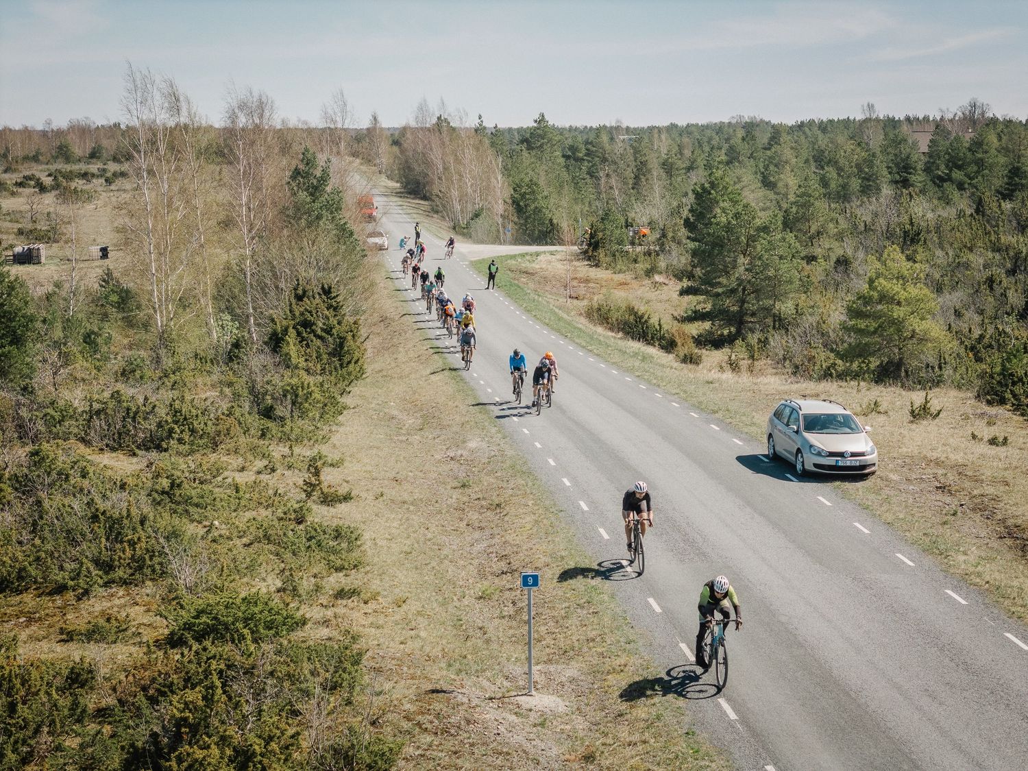 Aerial view of cyclists riding in a peloton along a paved road through a forest landscape.