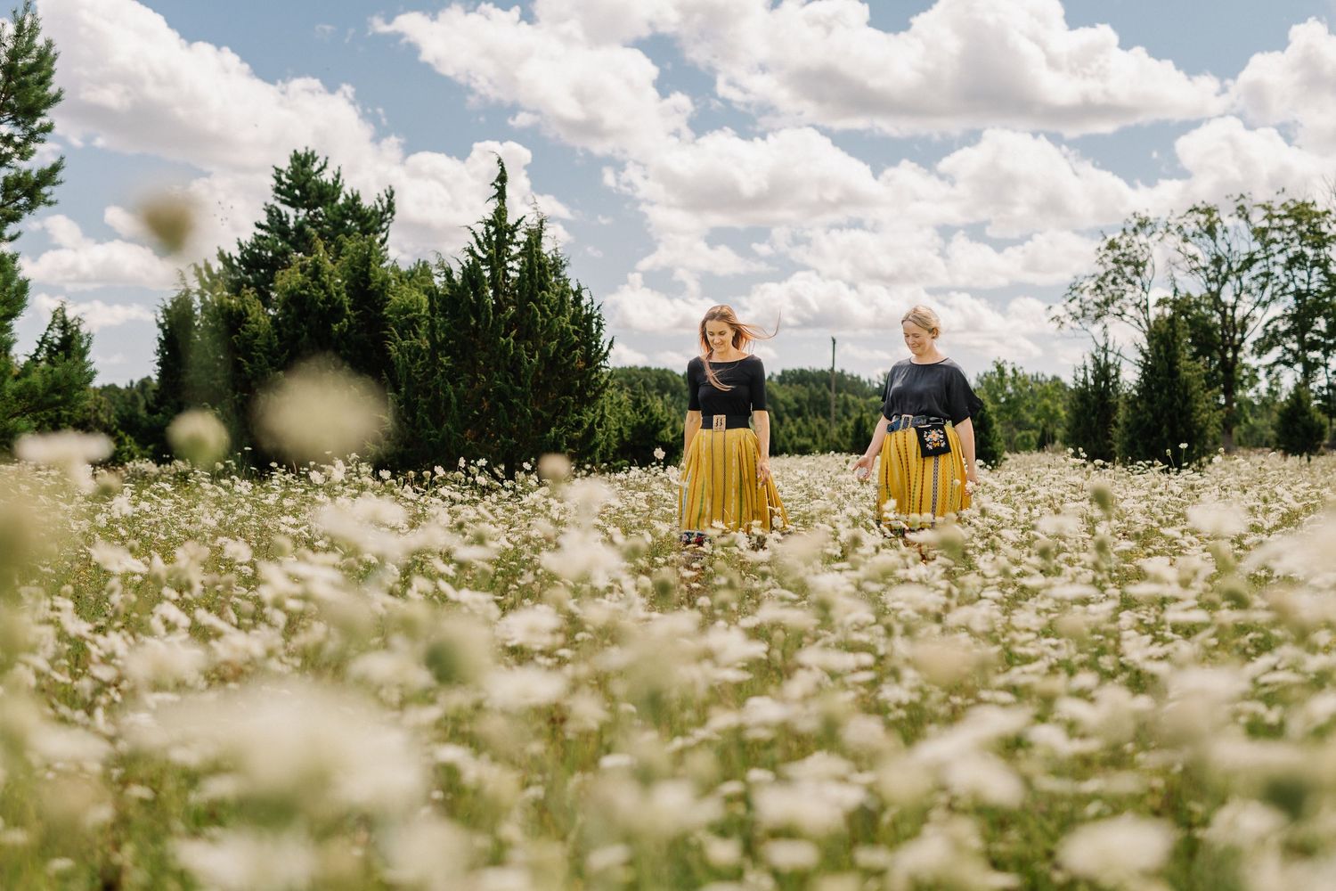 Two women in matching yellow skirts stand in a white wildflower meadow under a cloudy blue sky.